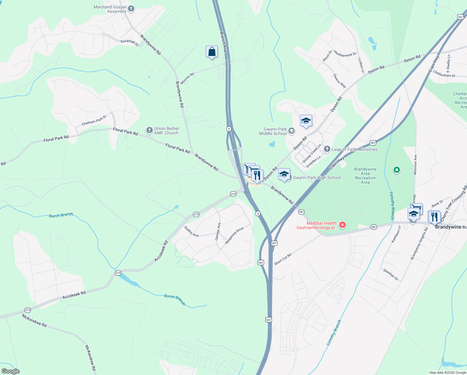 map of restaurants, bars, coffee shops, grocery stores, and more near 13701-13765 Branch Ave in Brandywine