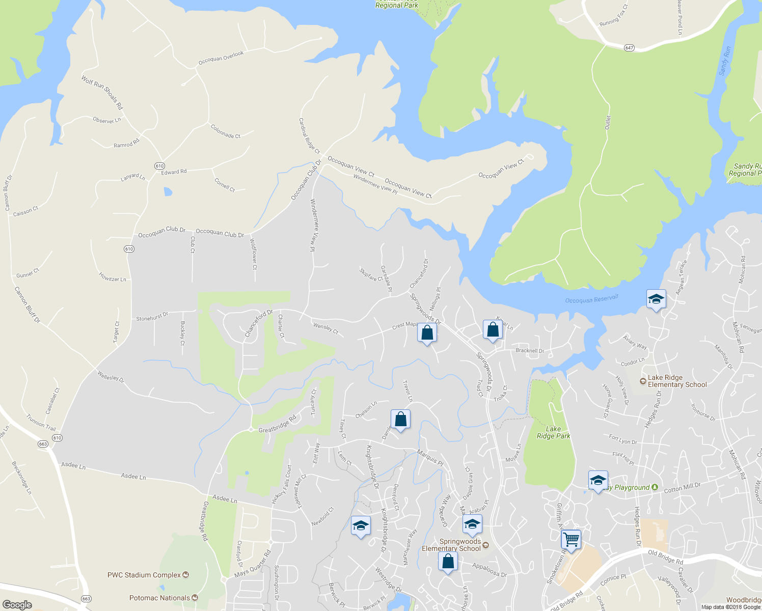 map of restaurants, bars, coffee shops, grocery stores, and more near 11687 Chanceford Drive in Woodbridge
