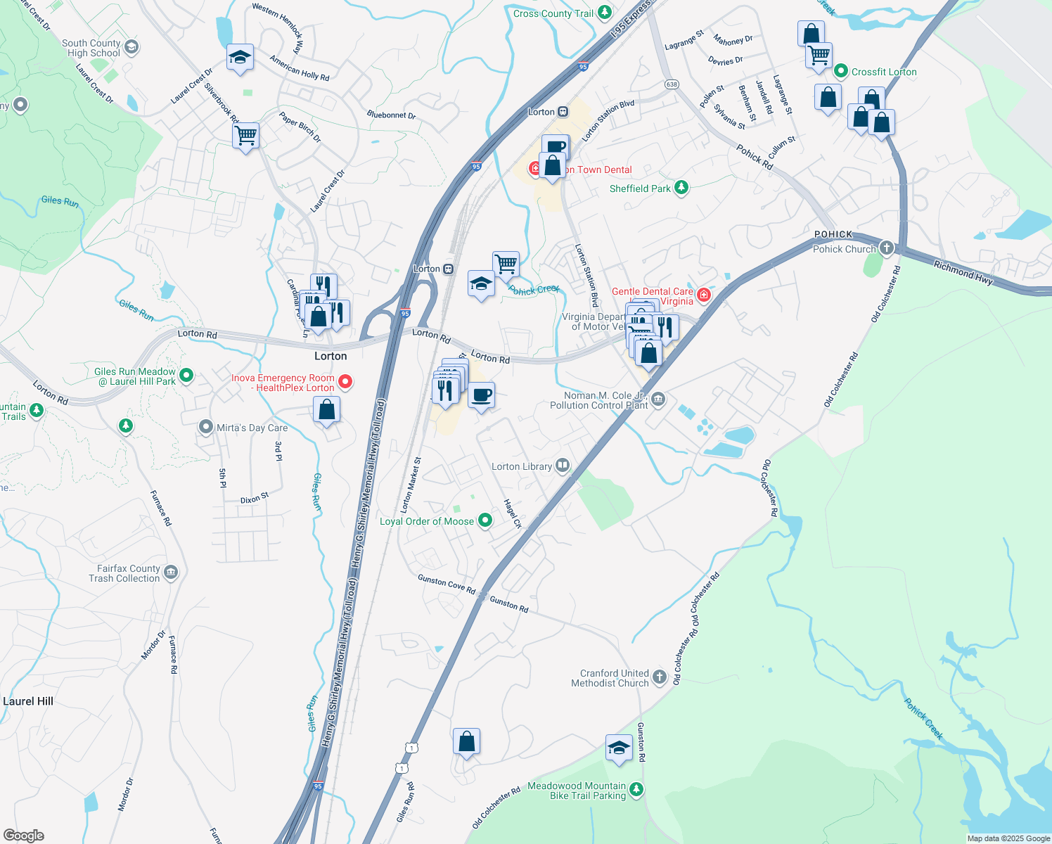 map of restaurants, bars, coffee shops, grocery stores, and more near 7815 Lambkin Court in Lorton