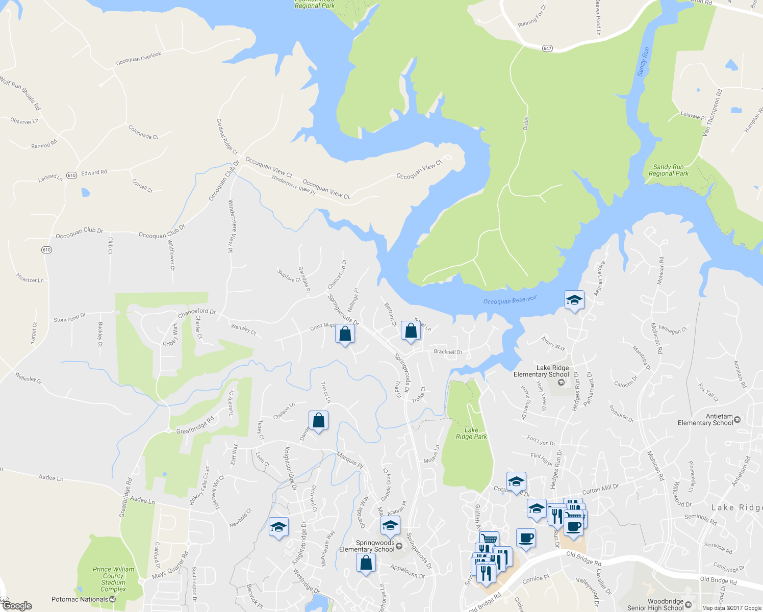map of restaurants, bars, coffee shops, grocery stores, and more near 3989 Hartlake Street in Woodbridge
