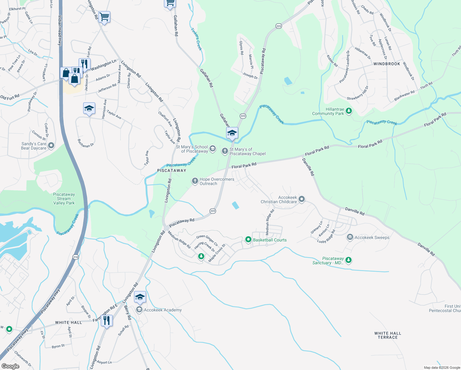 map of restaurants, bars, coffee shops, grocery stores, and more near 2445 Baileys Pond Road in Accokeek