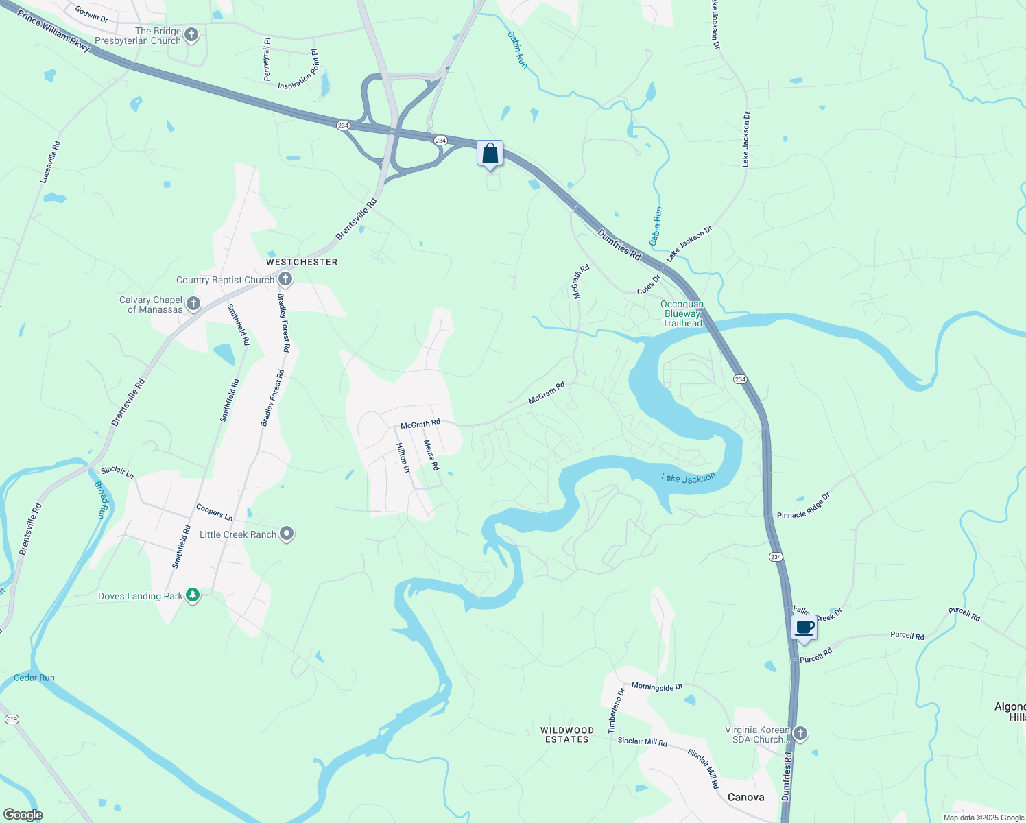 map of restaurants, bars, coffee shops, grocery stores, and more near 8599 McGrath Road in Manassas