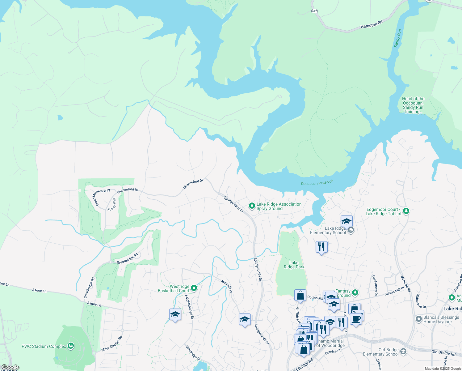 map of restaurants, bars, coffee shops, grocery stores, and more near 11624 Rumford Court in Woodbridge