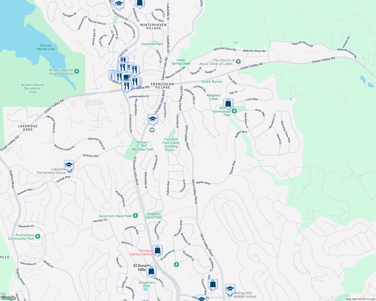 map of restaurants, bars, coffee shops, grocery stores, and more near 2227 Rookery Pl in El Dorado Hills
