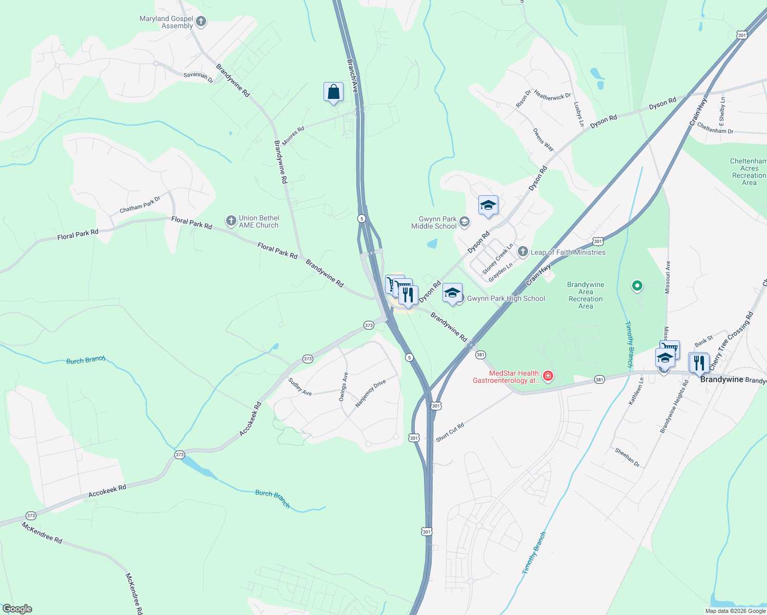 map of restaurants, bars, coffee shops, grocery stores, and more near 13765 Branch Avenue in Brandywine