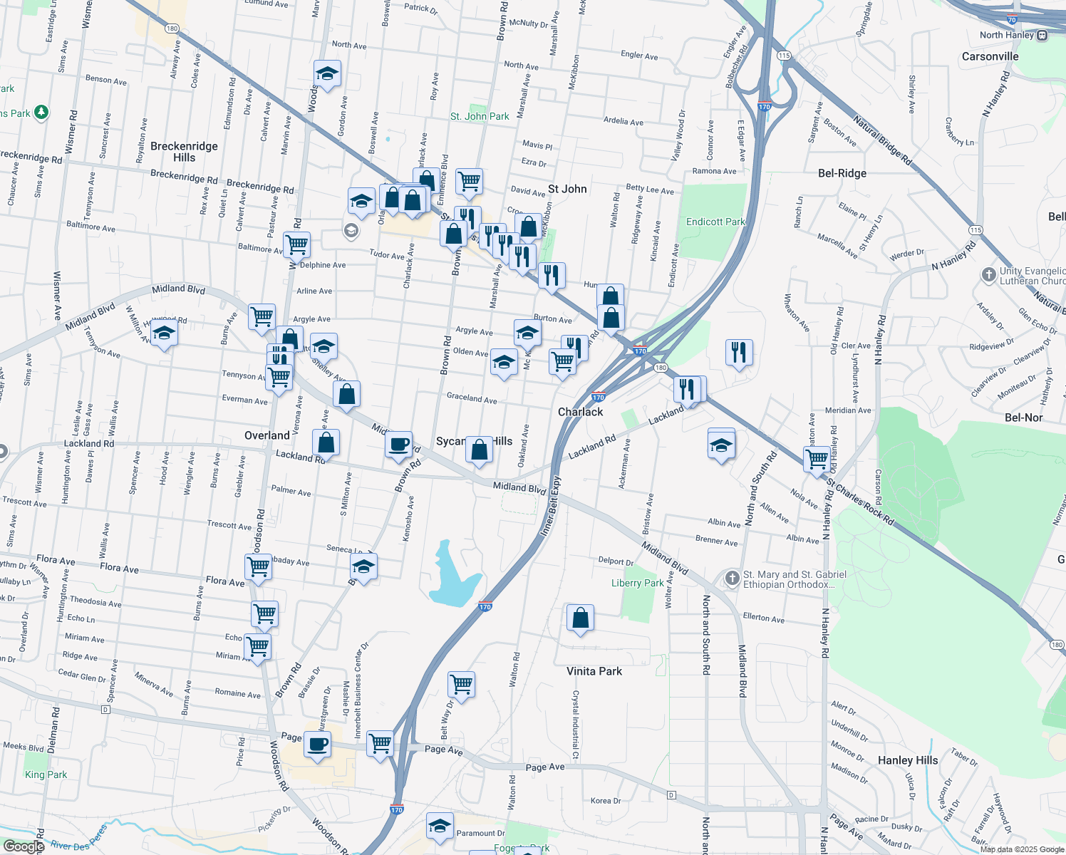 map of restaurants, bars, coffee shops, grocery stores, and more near 2472 Oakland Avenue in Saint Louis