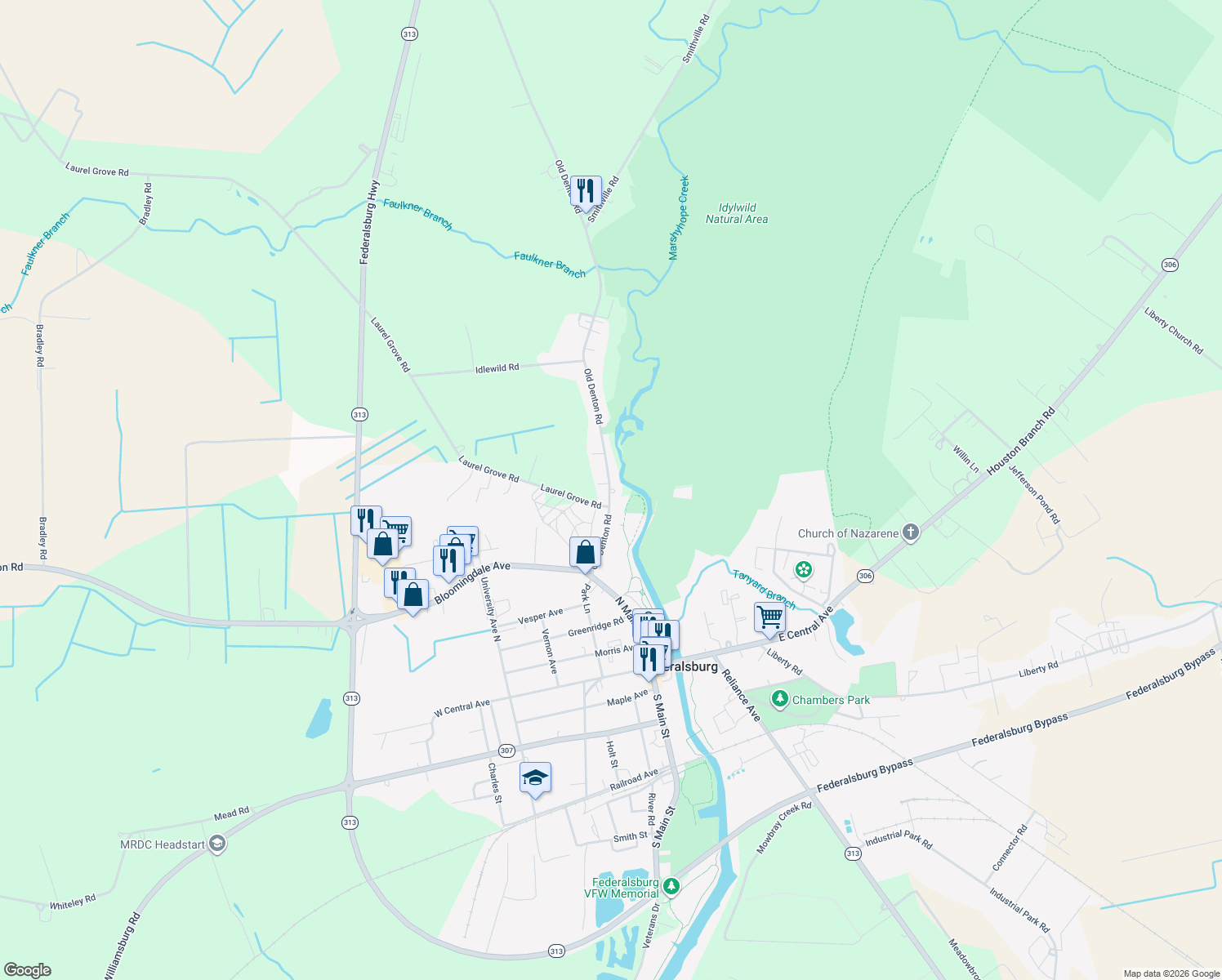 map of restaurants, bars, coffee shops, grocery stores, and more near 321 Denton Road in Federalsburg