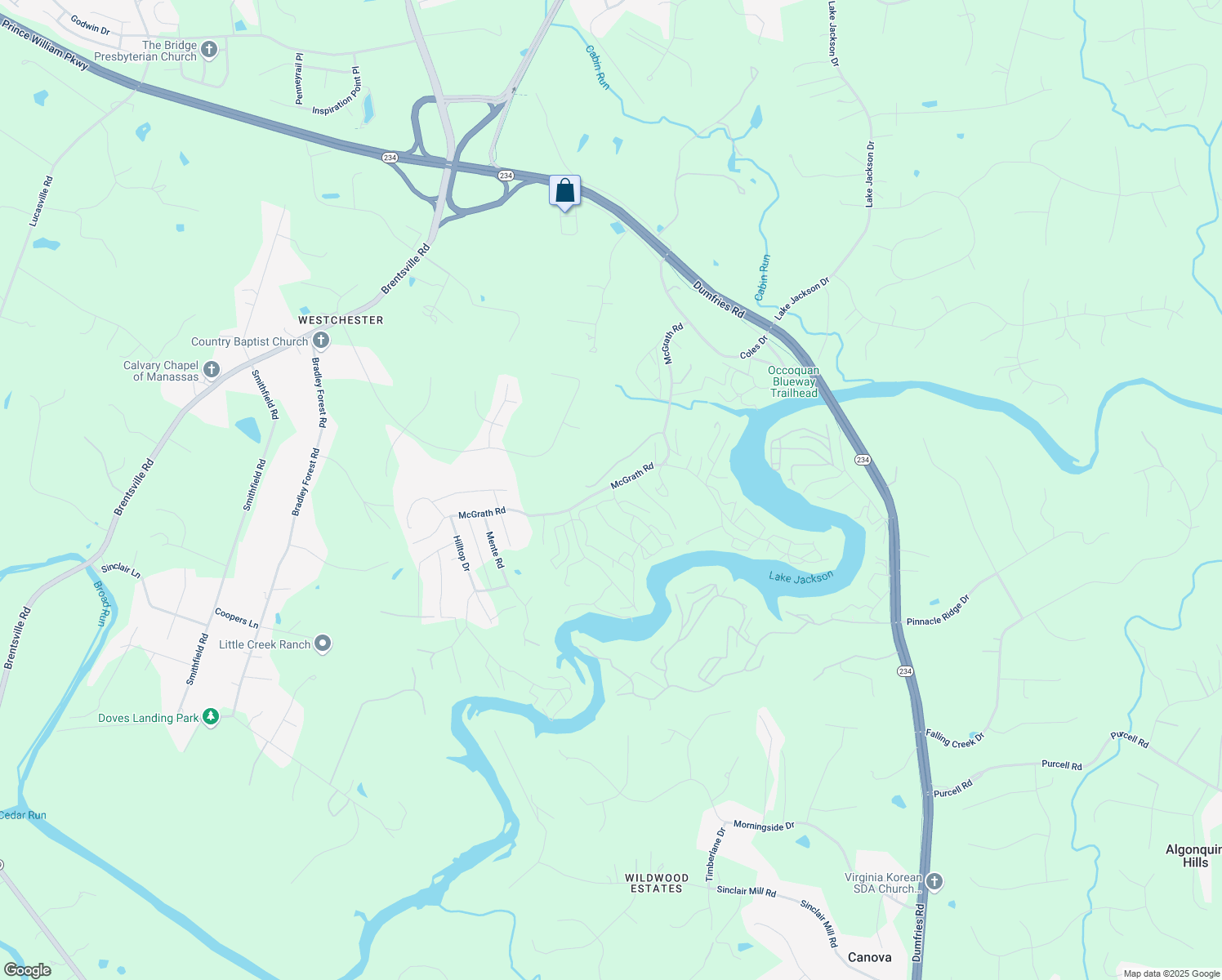 map of restaurants, bars, coffee shops, grocery stores, and more near 8567 McGrath Road in Manassas