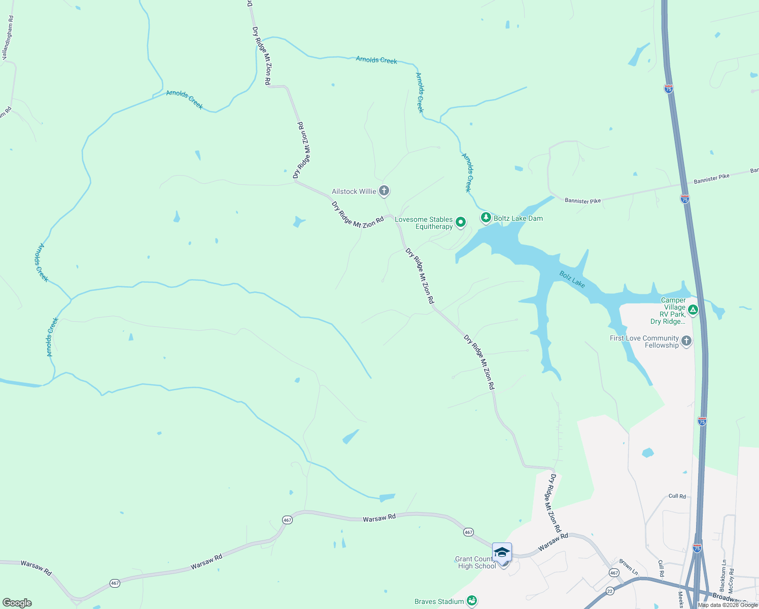 map of restaurants, bars, coffee shops, grocery stores, and more near 135 Seneca Trail in Dry Ridge