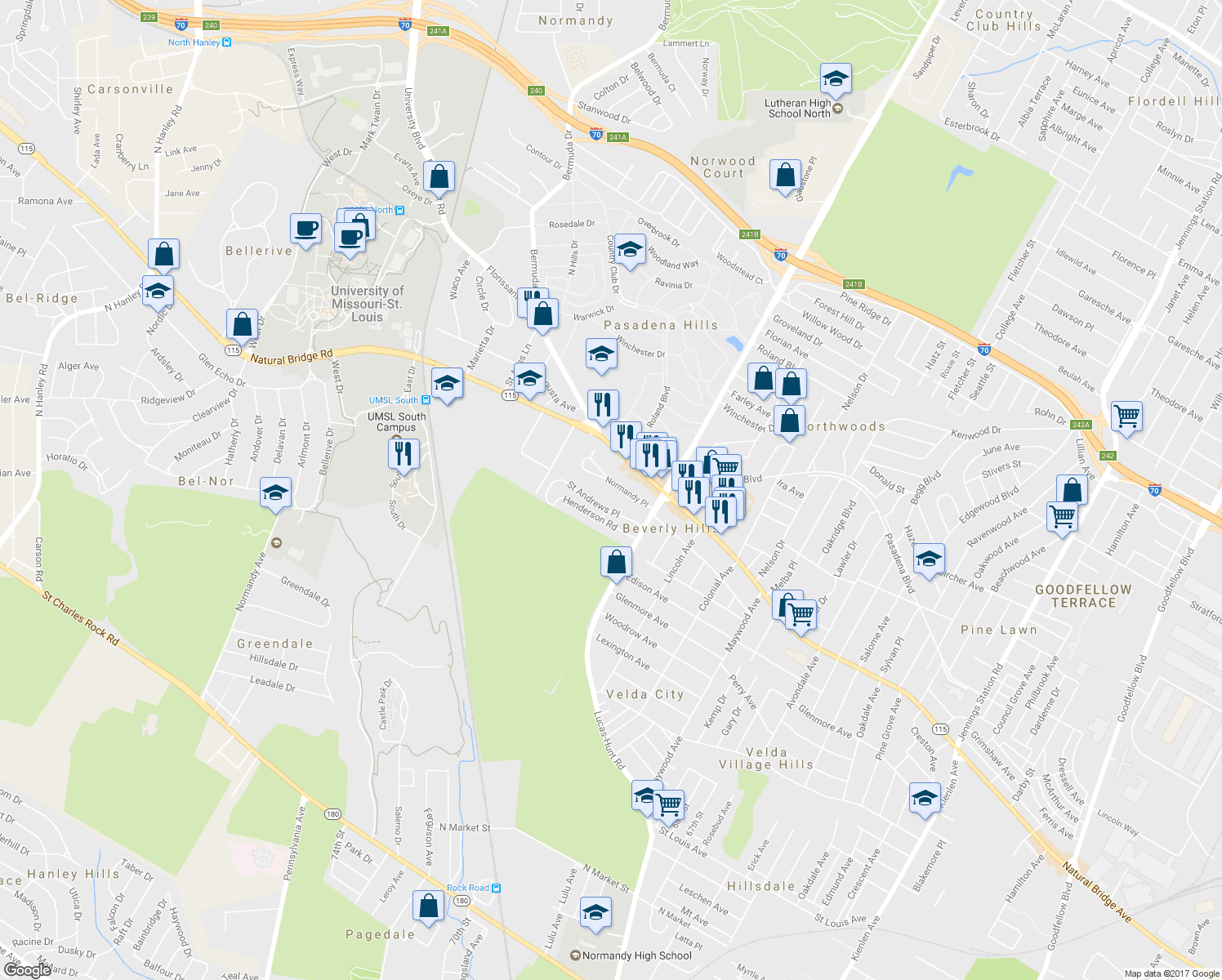 map of restaurants, bars, coffee shops, grocery stores, and more near 7228 Normandy Place in St. Louis