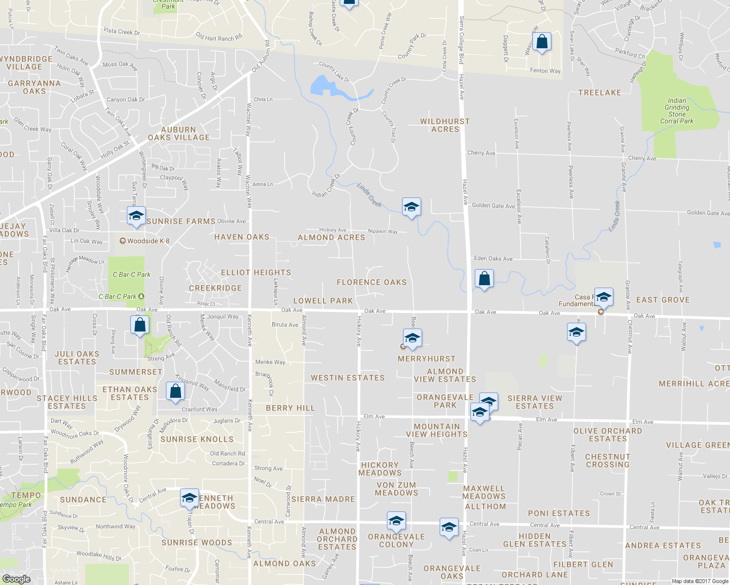 map of restaurants, bars, coffee shops, grocery stores, and more near 8701 Algonquin Way in Orangevale