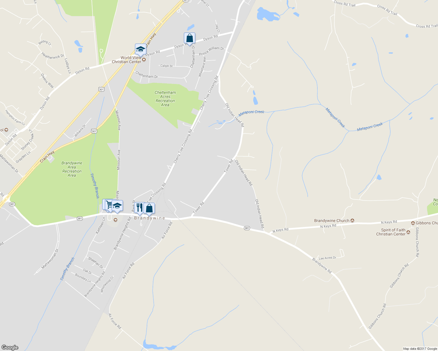 map of restaurants, bars, coffee shops, grocery stores, and more near 13621 Tower Road in Brandywine