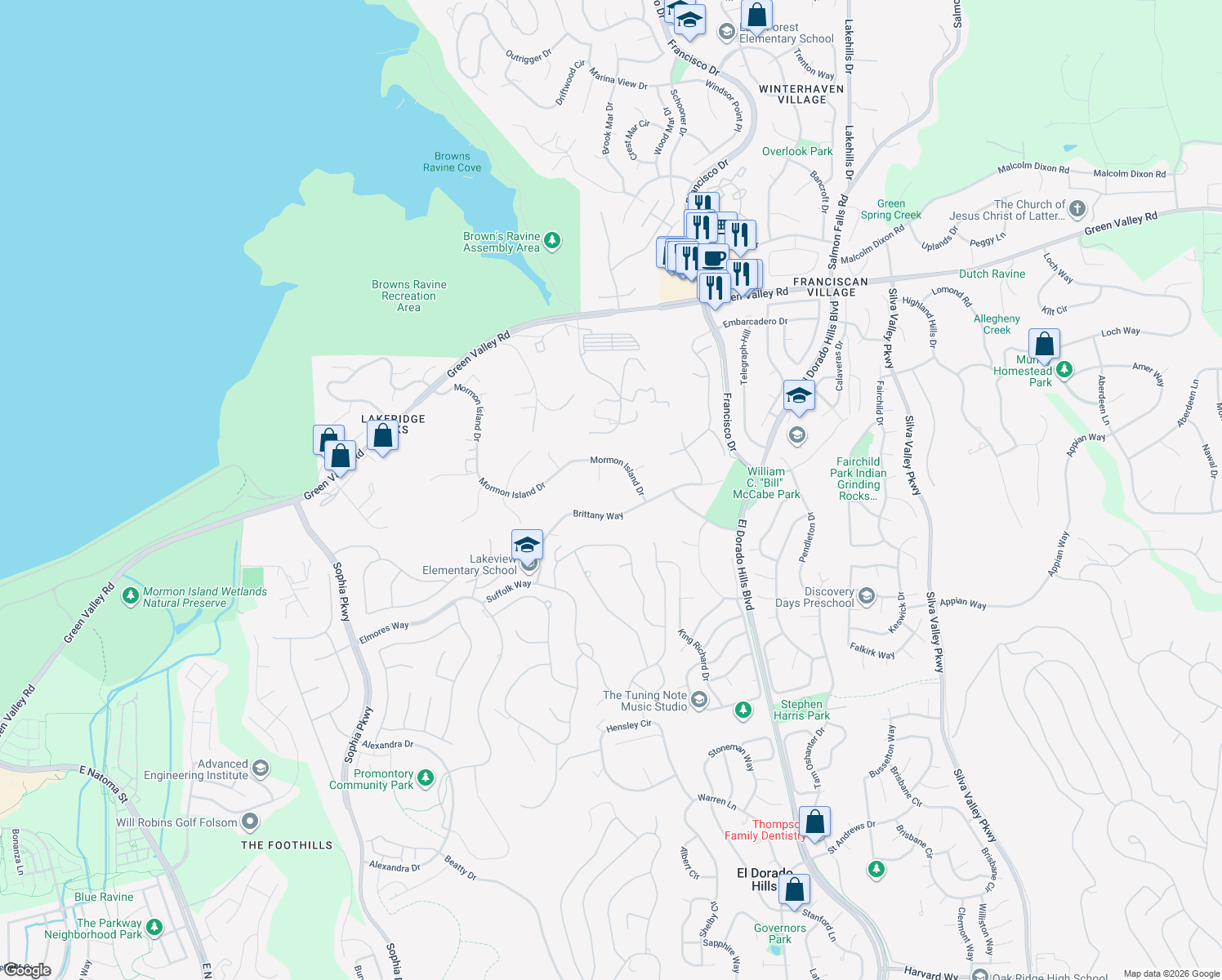 map of restaurants, bars, coffee shops, grocery stores, and more near 3121 Lady Marci Court in El Dorado Hills