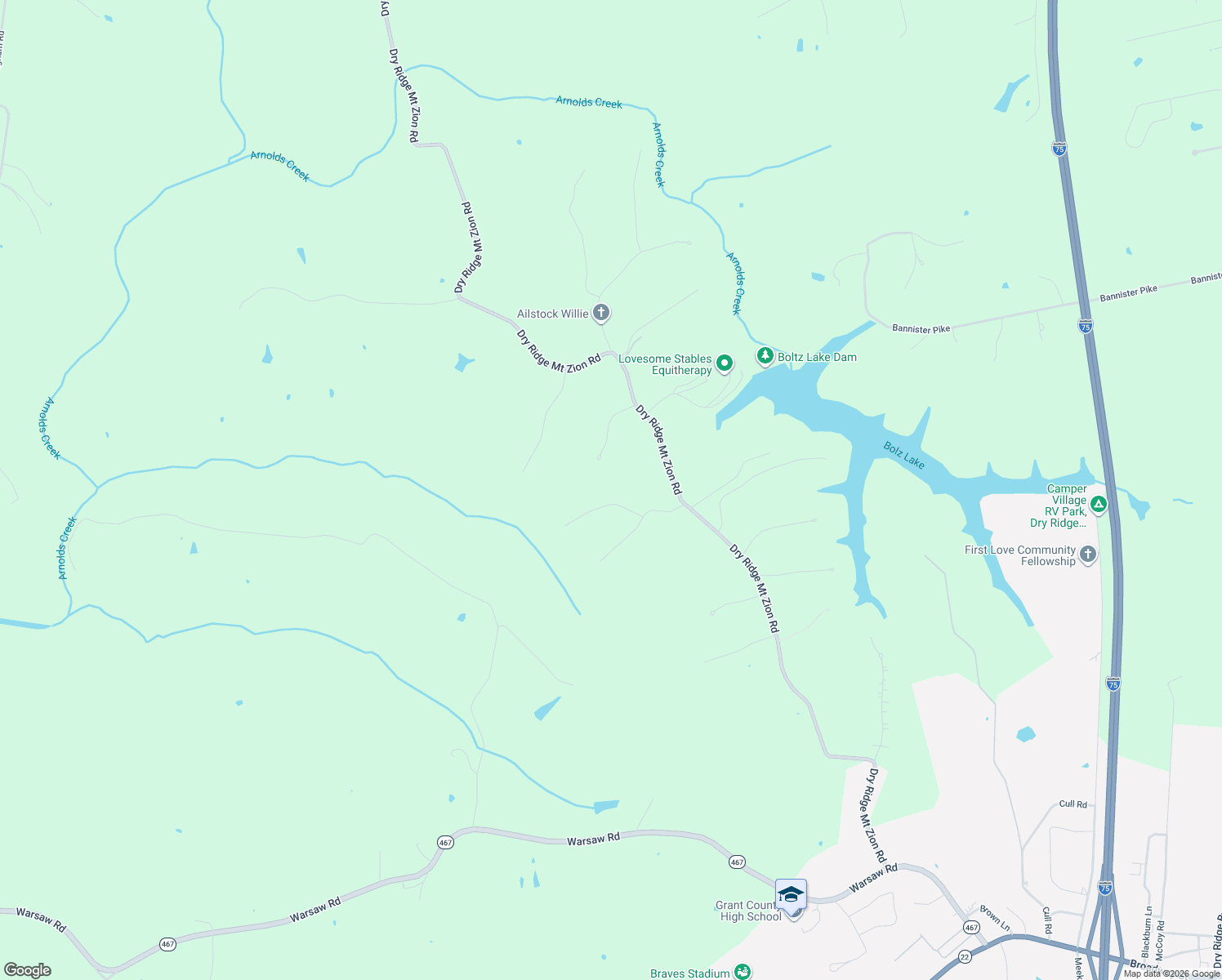 map of restaurants, bars, coffee shops, grocery stores, and more near 135 Seneca Trail in Dry Ridge