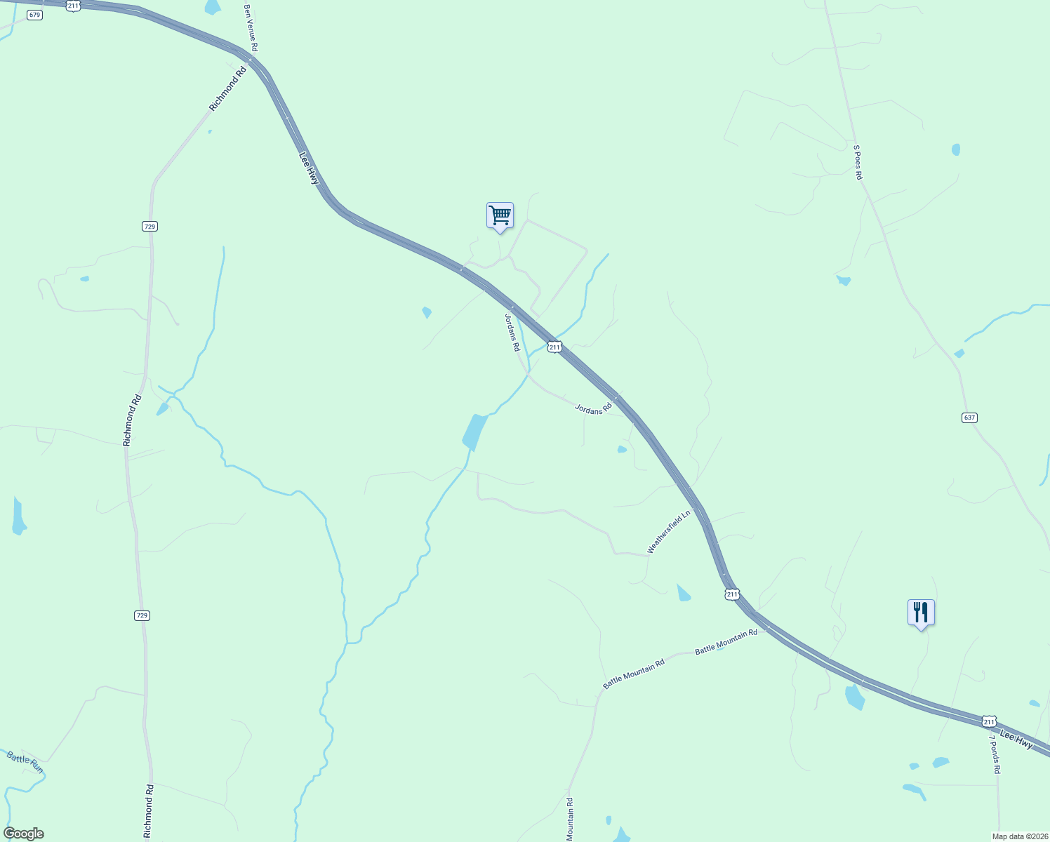 map of restaurants, bars, coffee shops, grocery stores, and more near Jordans Road in Amissville