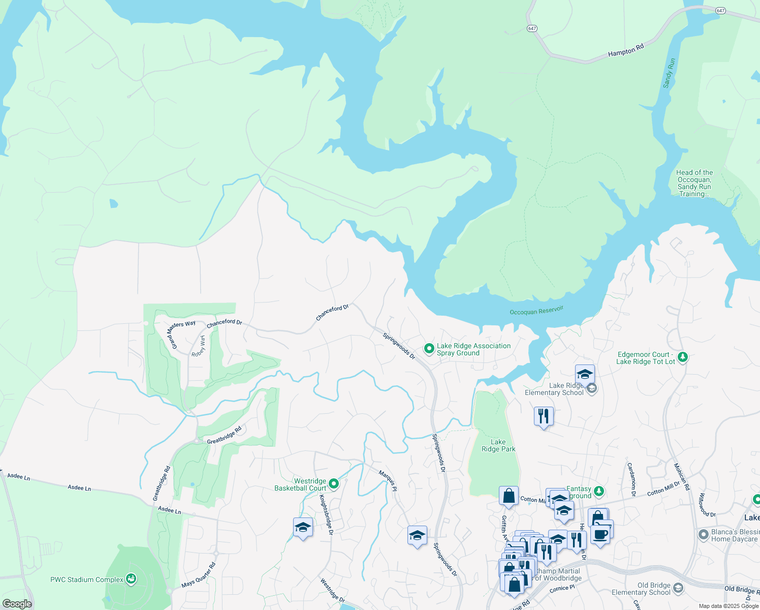 map of restaurants, bars, coffee shops, grocery stores, and more near 11612 Nellings Place in Woodbridge