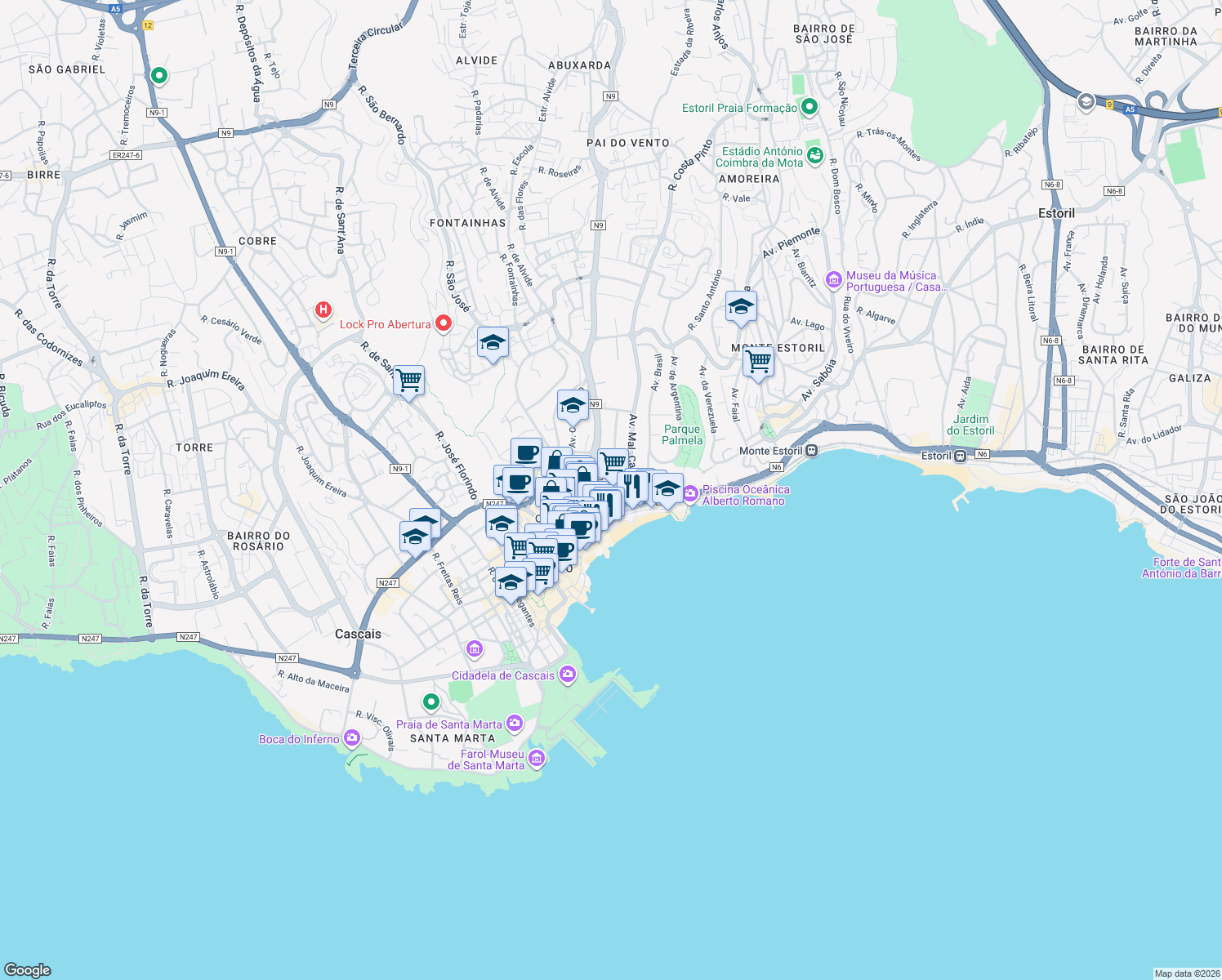 map of restaurants, bars, coffee shops, grocery stores, and more near Estrada Nacional 6-8 in Cascais