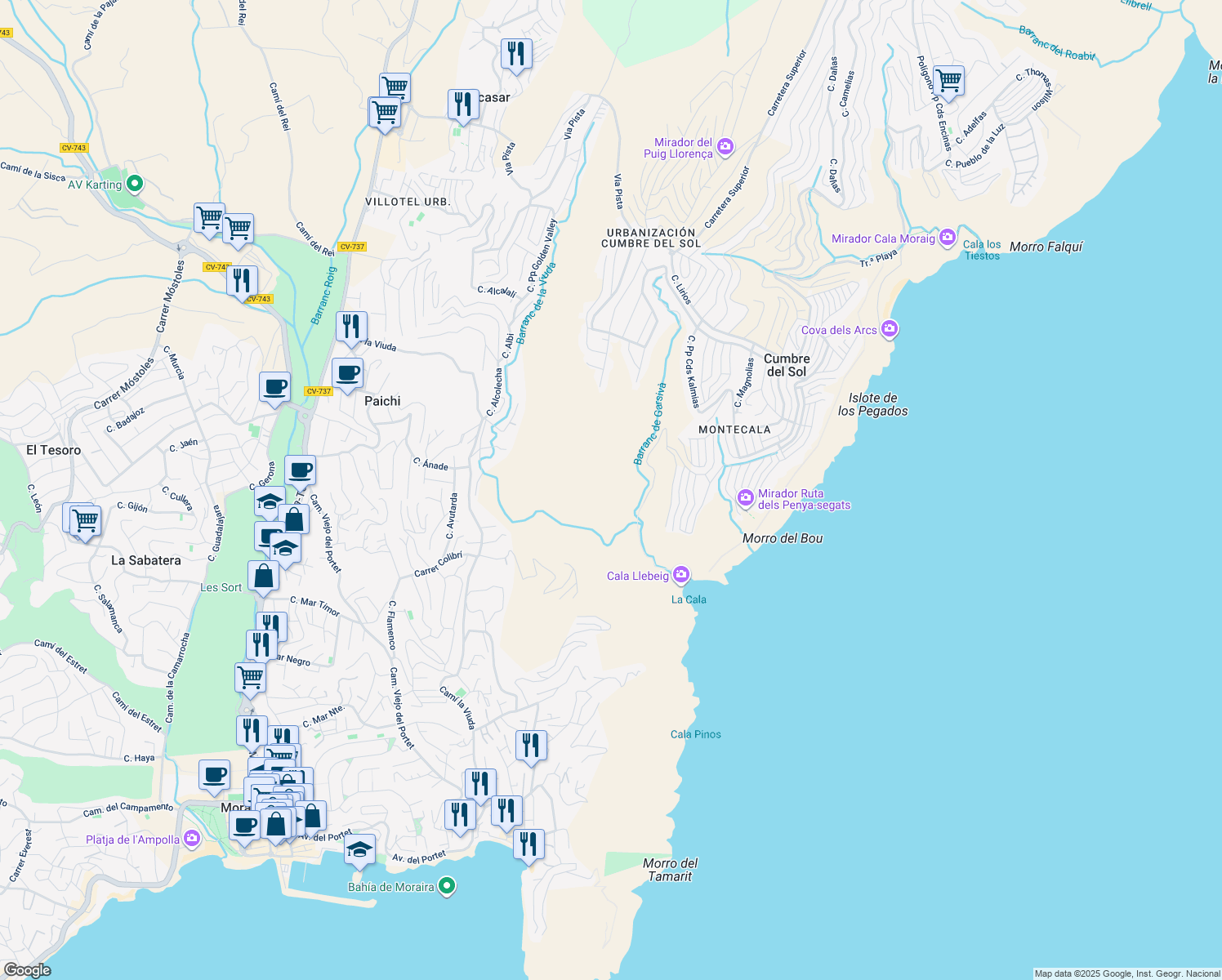 map of restaurants, bars, coffee shops, grocery stores, and more near in Cumbre del Sol