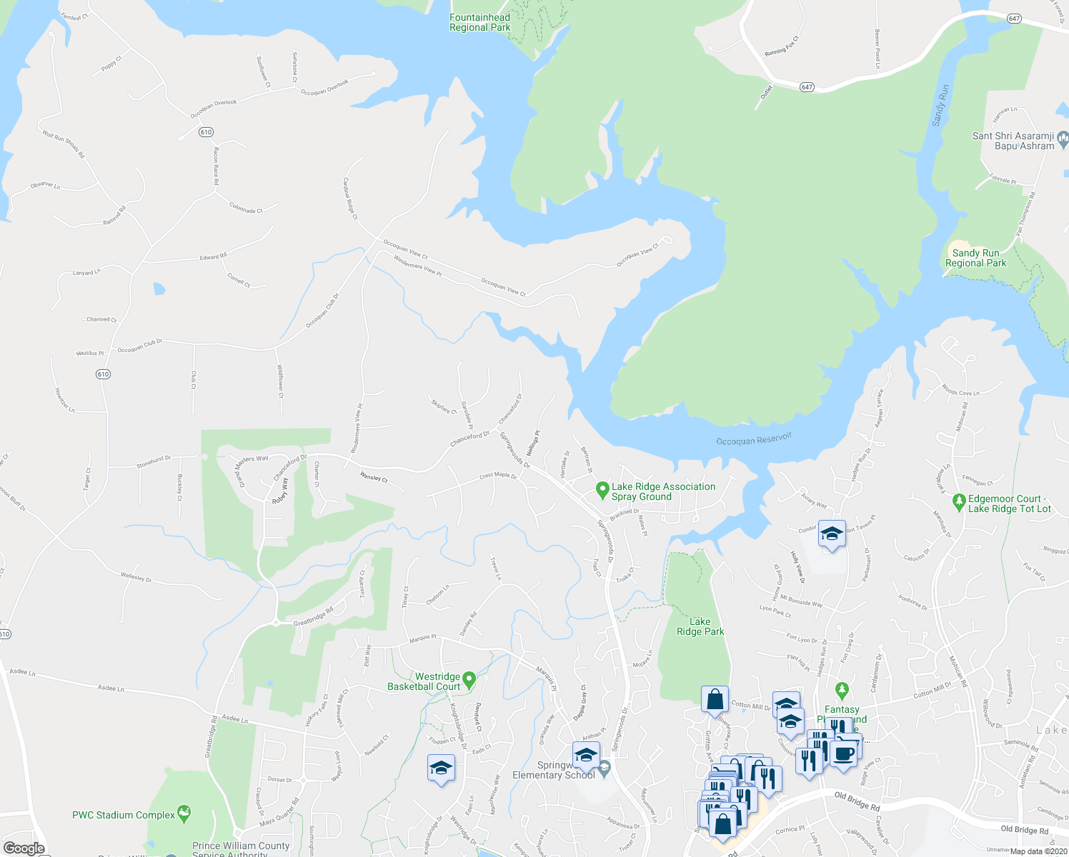 map of restaurants, bars, coffee shops, grocery stores, and more near 11608 Nellings Place in Woodbridge