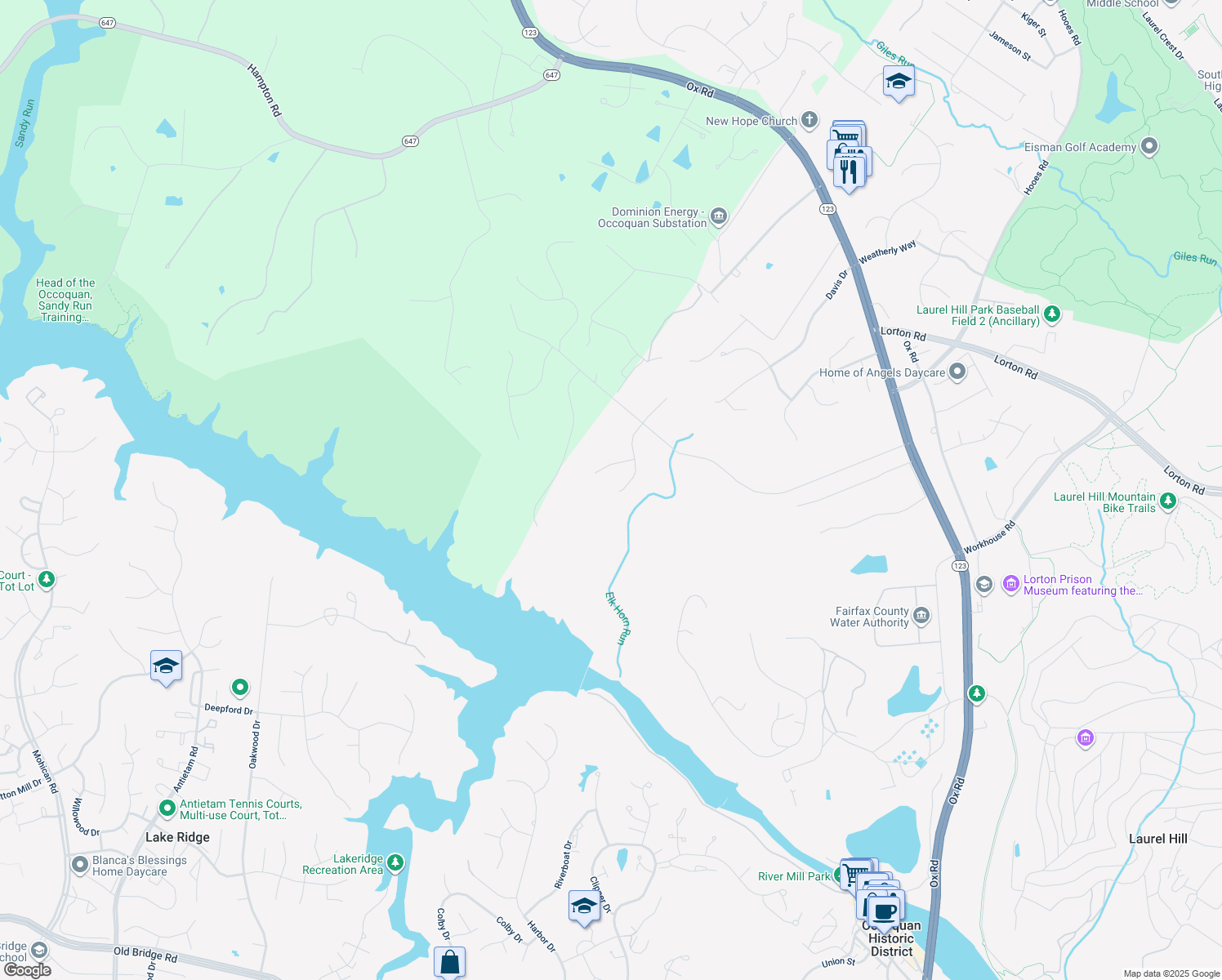 map of restaurants, bars, coffee shops, grocery stores, and more near 9336 Elkhorne Run Court in Lorton