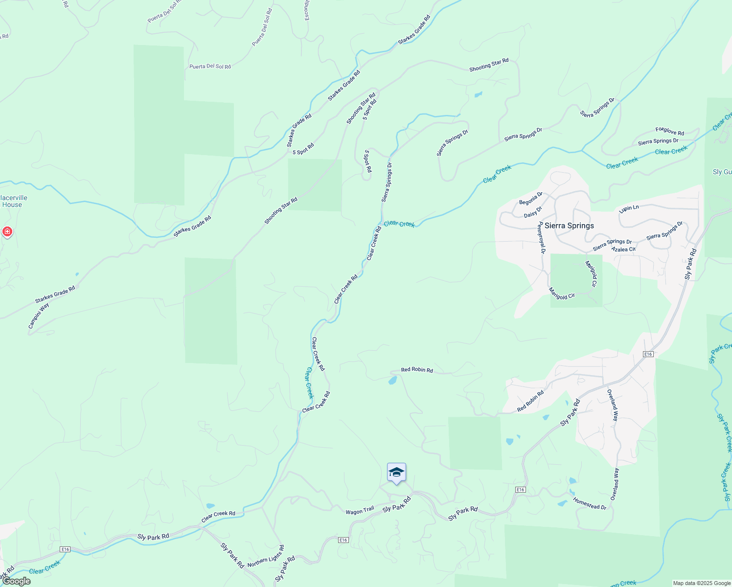 map of restaurants, bars, coffee shops, grocery stores, and more near 5448 Clear Creek Road in Placerville