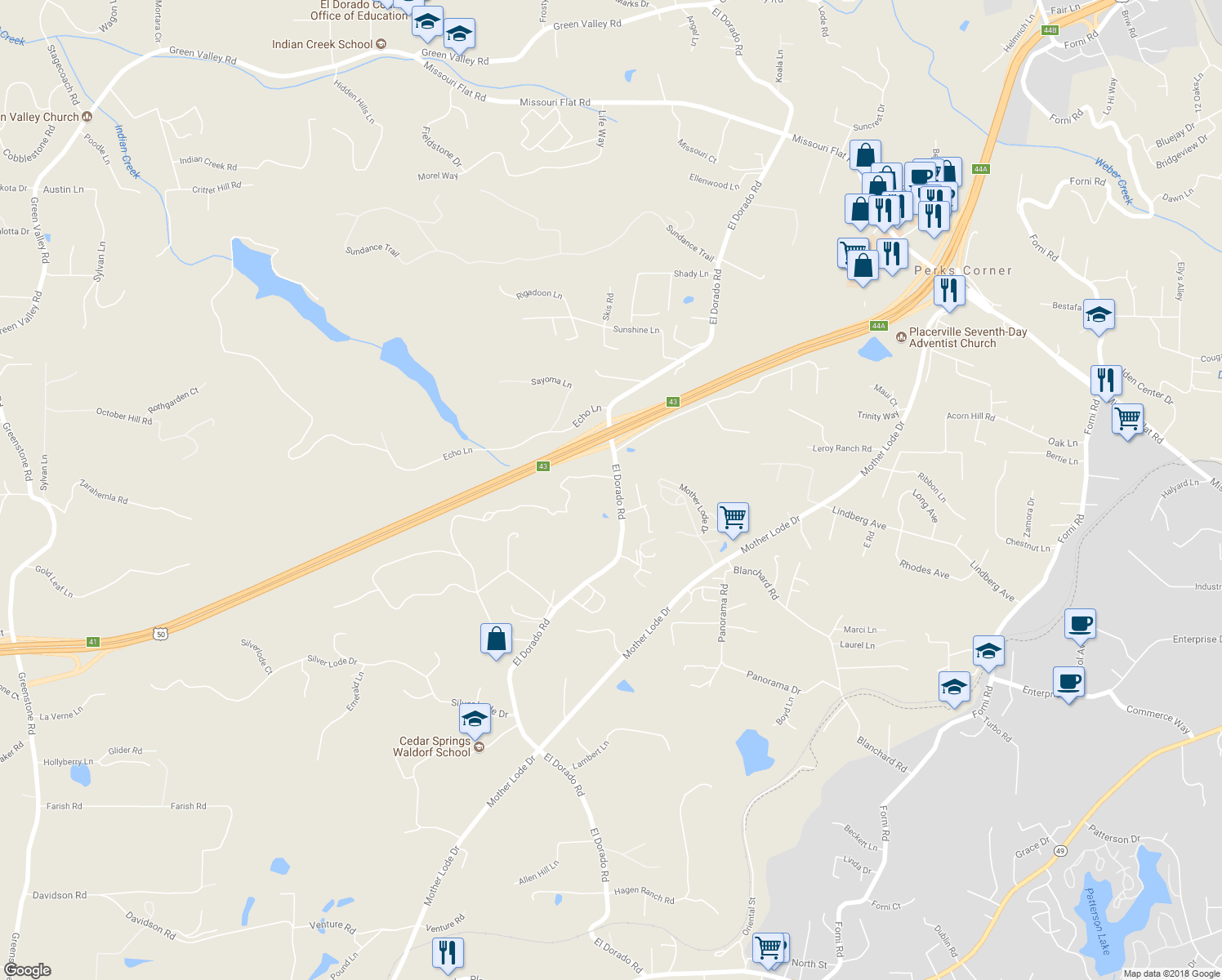 map of restaurants, bars, coffee shops, grocery stores, and more near 4070 El Dorado Road in Placerville
