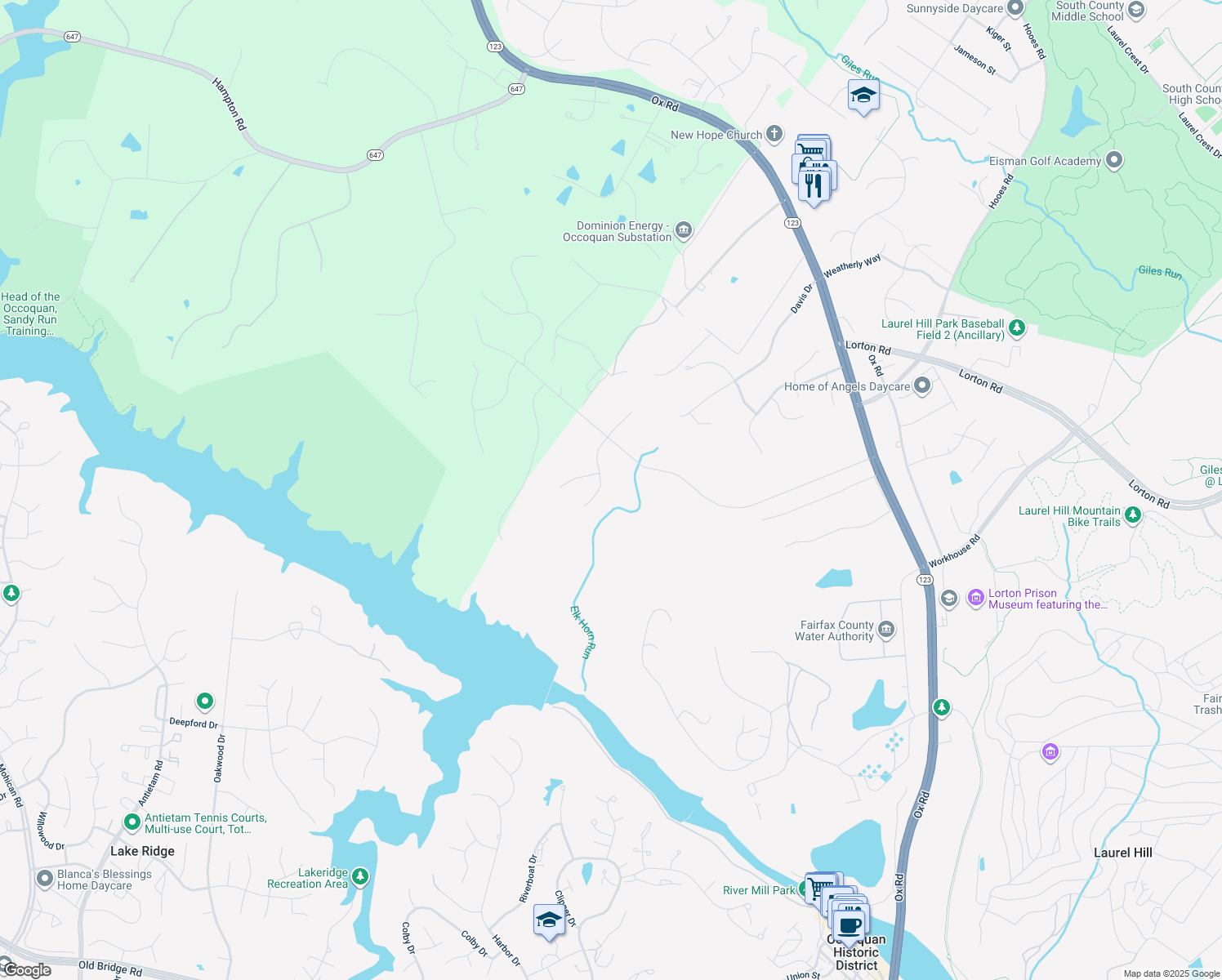 map of restaurants, bars, coffee shops, grocery stores, and more near 9329 Elkhorne Run Court in Lorton