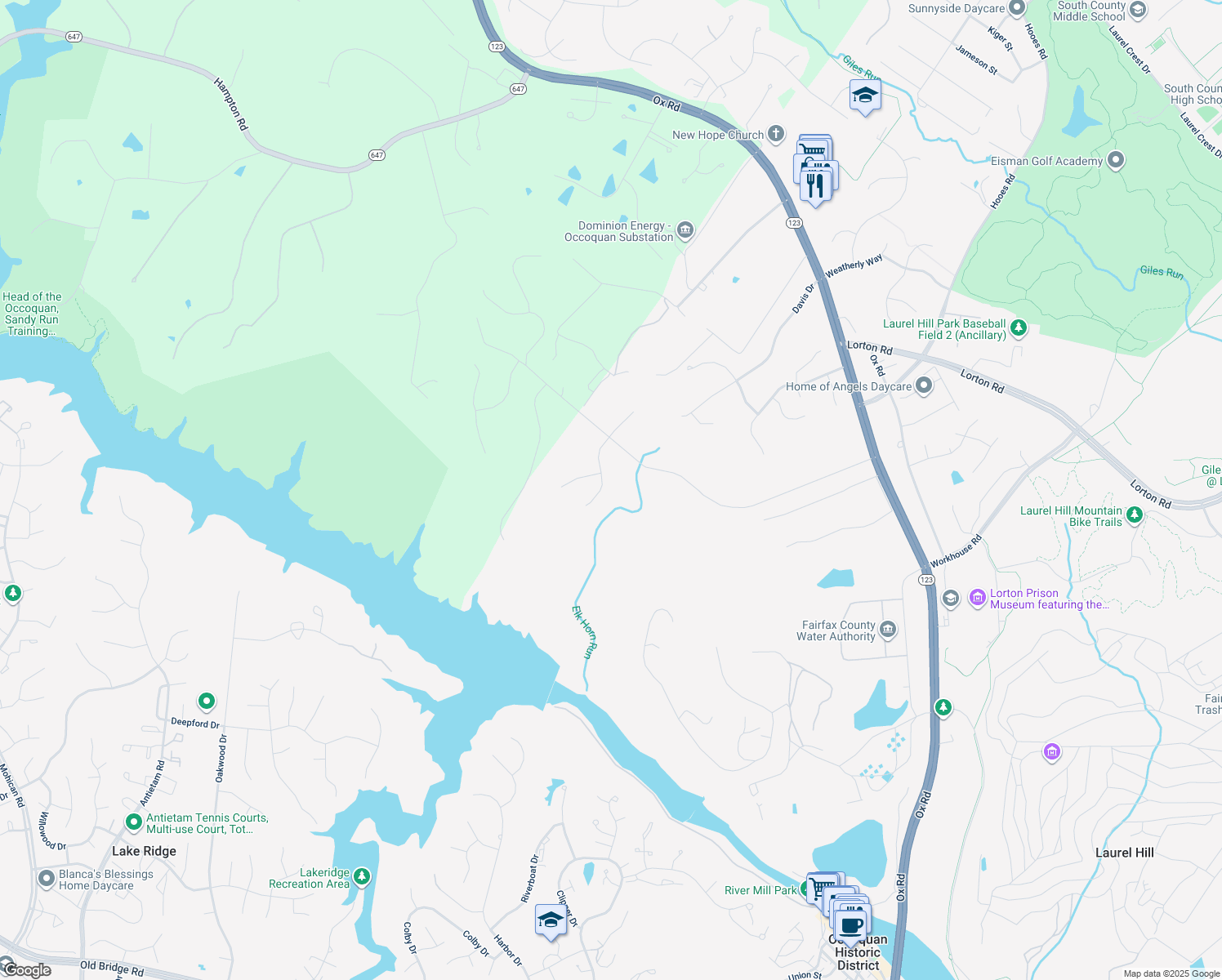 map of restaurants, bars, coffee shops, grocery stores, and more near 9329 Elkhorne Run Court in Lorton