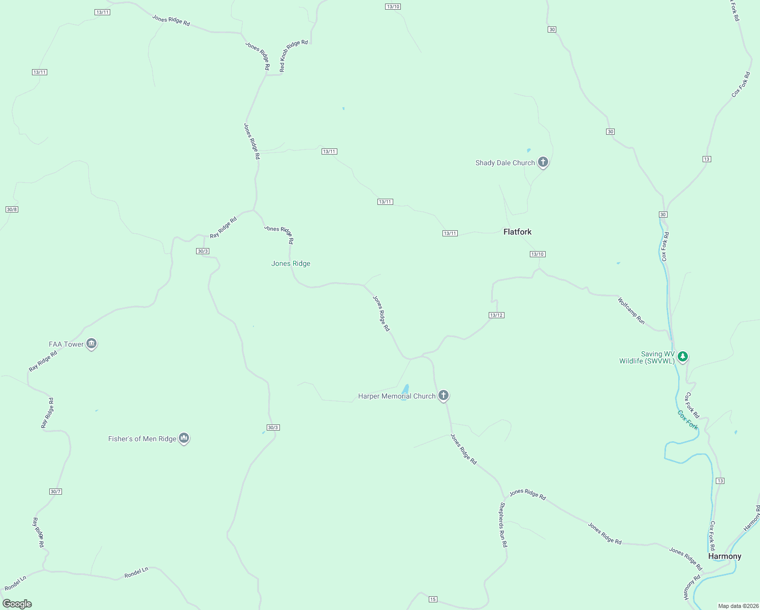 map of restaurants, bars, coffee shops, grocery stores, and more near Jones Ridge Road in Gandeeville