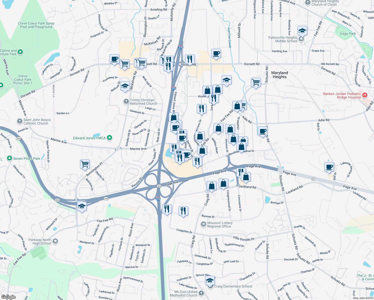 map of restaurants, bars, coffee shops, grocery stores, and more near 2330 West Port Plaza Drive in Saint Louis