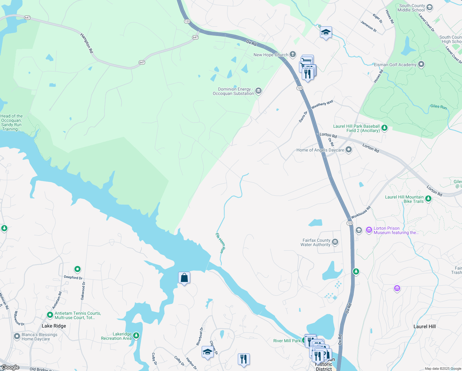 map of restaurants, bars, coffee shops, grocery stores, and more near 9327 Elkhorne Run Court in Lorton