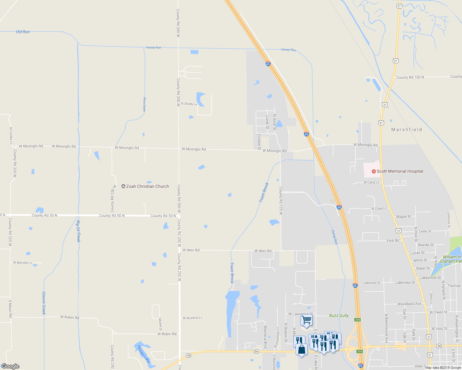 map of restaurants, bars, coffee shops, grocery stores, and more near 1517 West Moonglo Road in Scottsburg