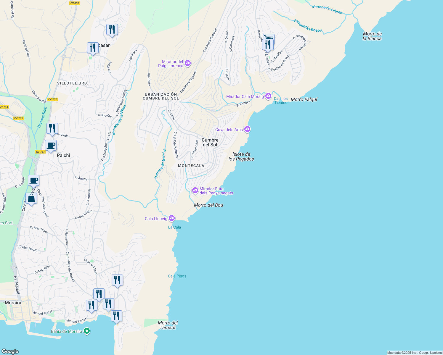 map of restaurants, bars, coffee shops, grocery stores, and more near 130 Calle Pp Cds Mariii Olivos in Benitachell
