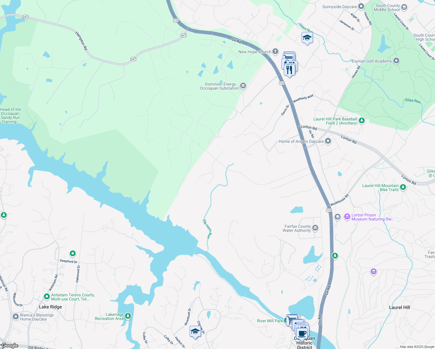 map of restaurants, bars, coffee shops, grocery stores, and more near 9327 Elkhorne Run Court in Lorton