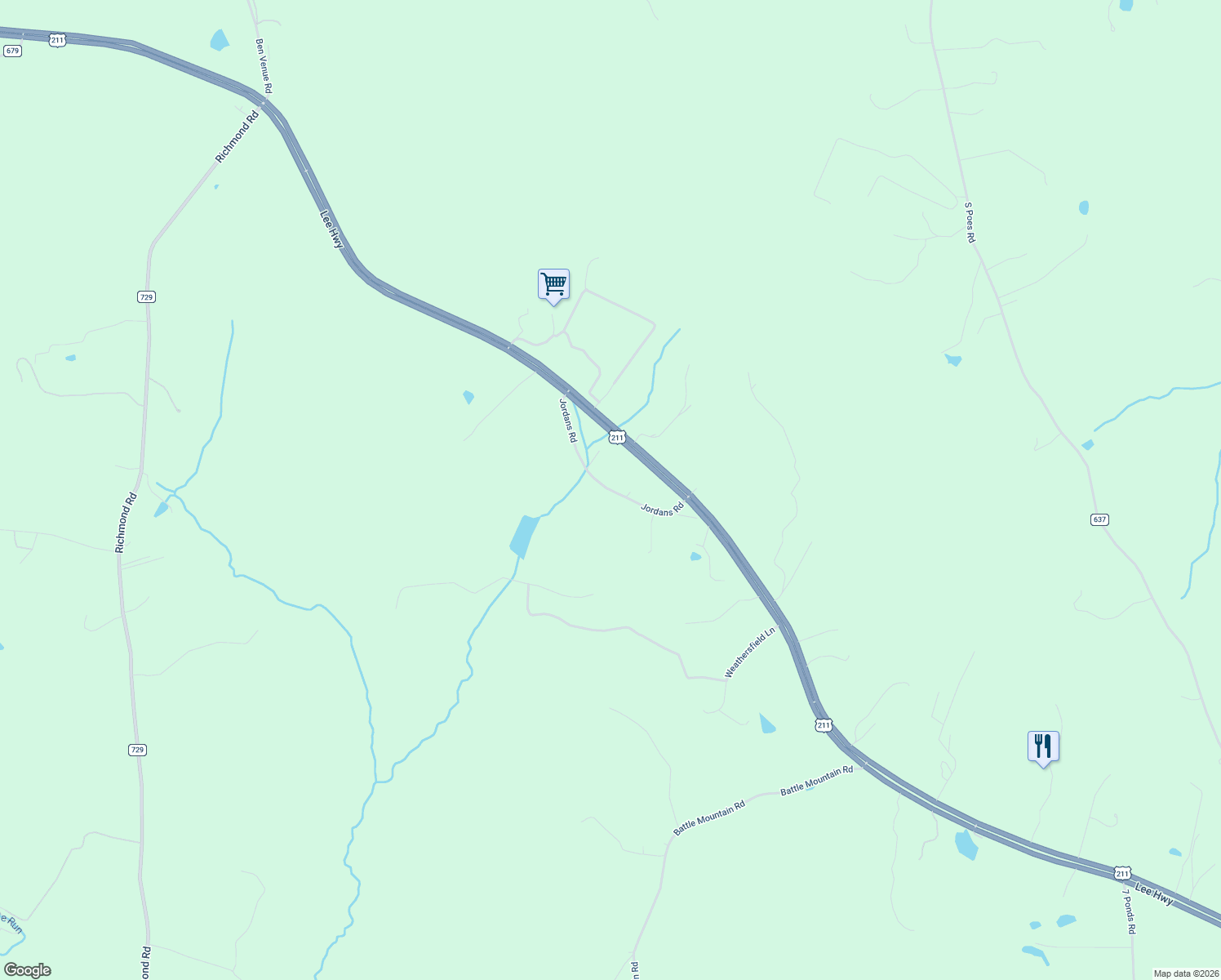 map of restaurants, bars, coffee shops, grocery stores, and more near Jordans Road in Amissville