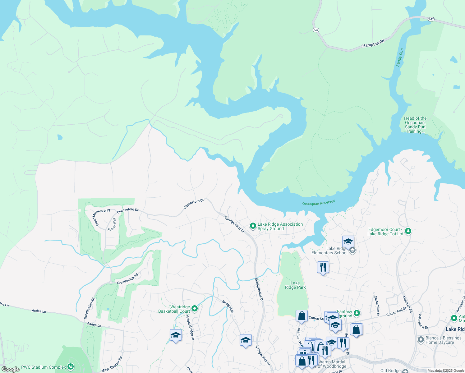 map of restaurants, bars, coffee shops, grocery stores, and more near 11561 Nellings Place in Woodbridge