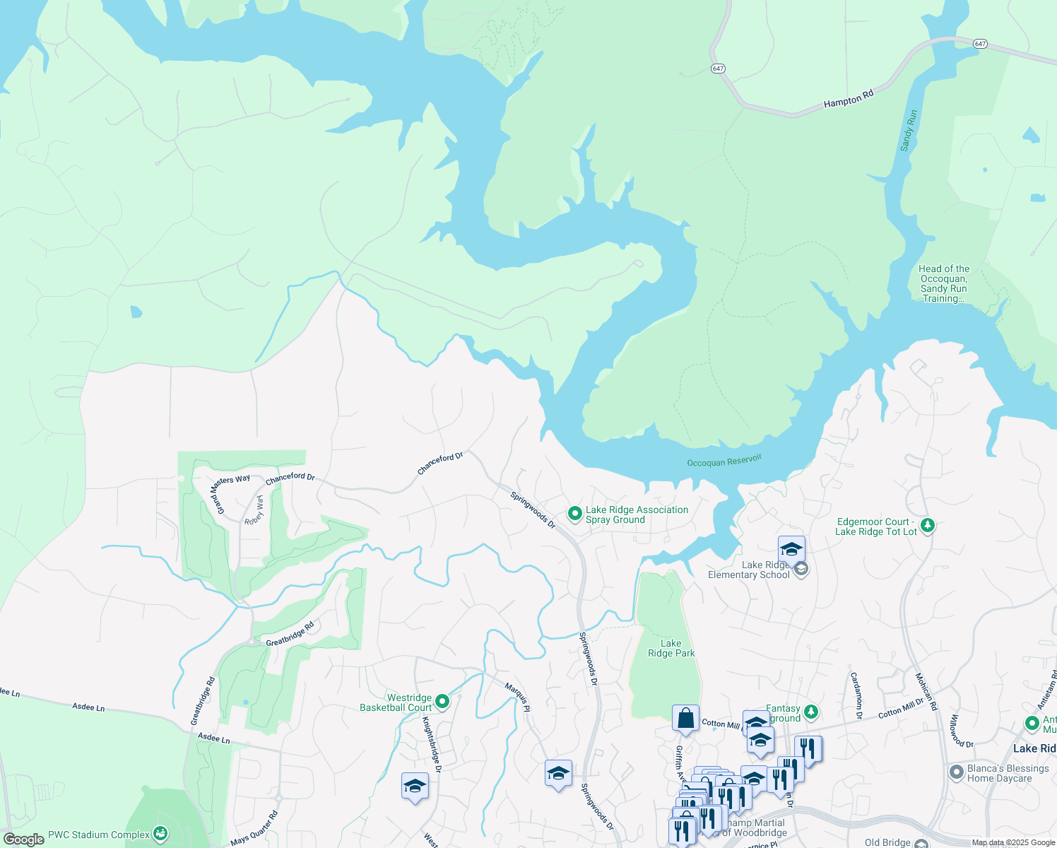 map of restaurants, bars, coffee shops, grocery stores, and more near 11561 Nellings Place in Woodbridge