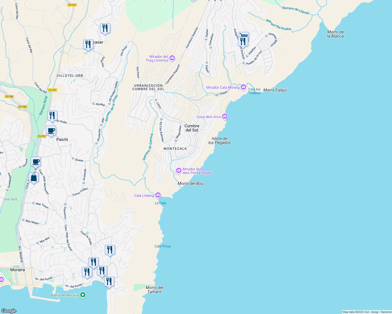 map of restaurants, bars, coffee shops, grocery stores, and more near 130 Calle Pp Cds Mariii Olivos in Benitachell