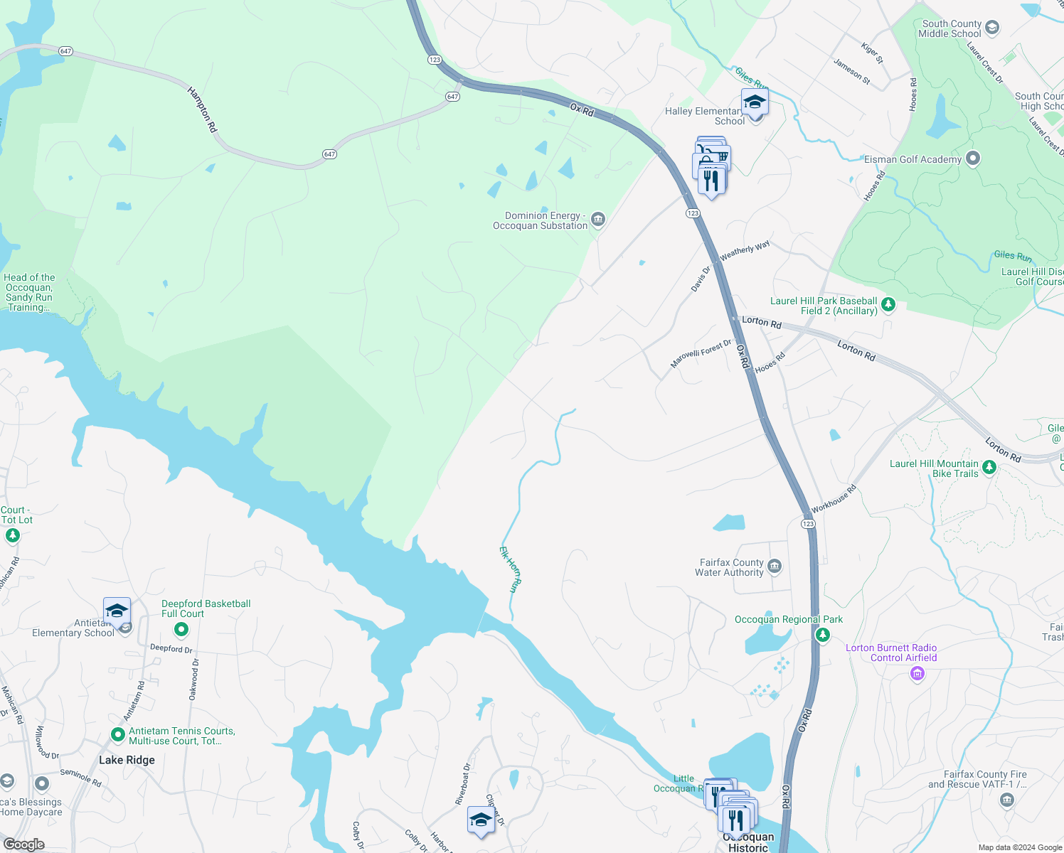 map of restaurants, bars, coffee shops, grocery stores, and more near 9325 Elkhorne Run Court in Lorton