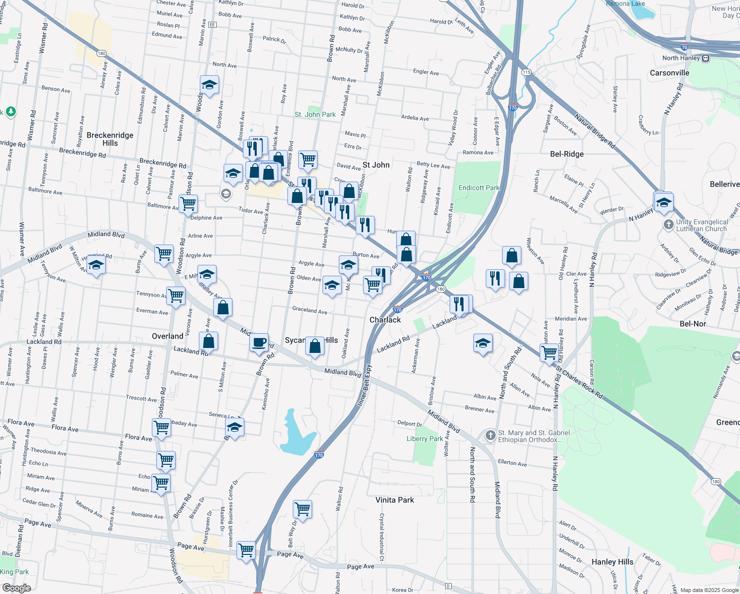 map of restaurants, bars, coffee shops, grocery stores, and more near 8618 Olden Avenue in Saint Louis