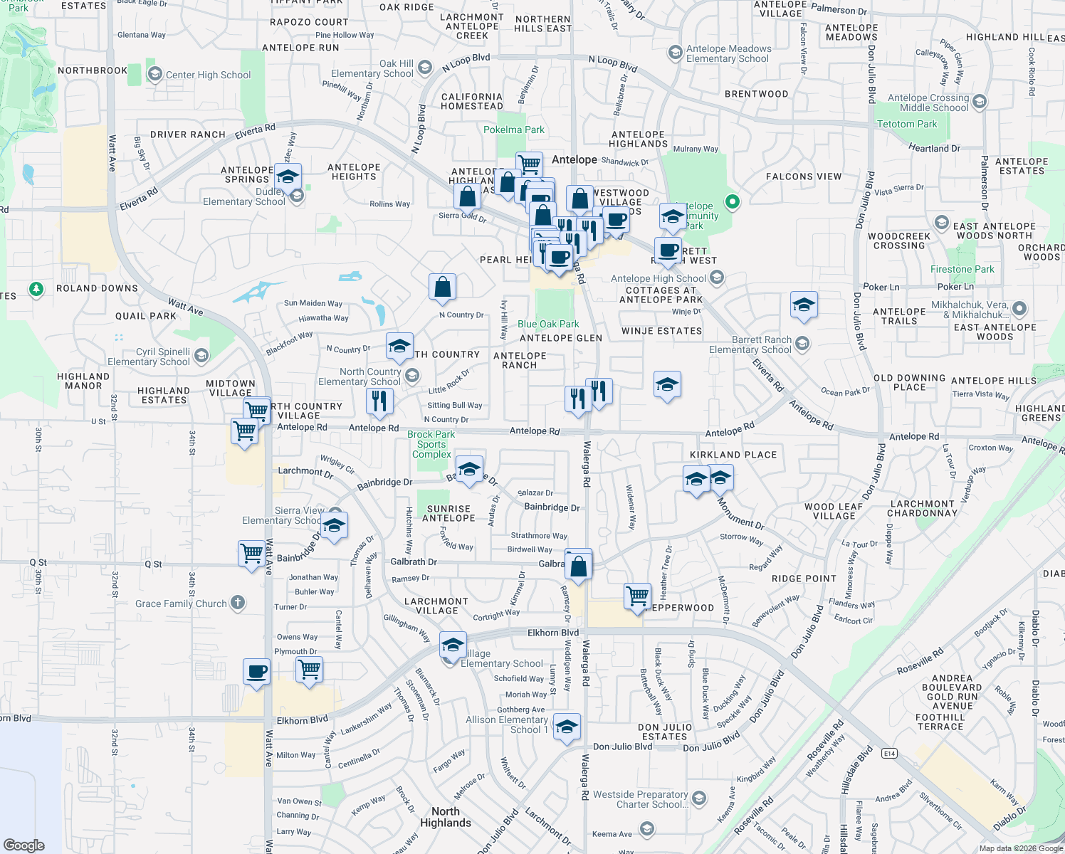 map of restaurants, bars, coffee shops, grocery stores, and more near 7600 Antelope Hills Drive in Antelope