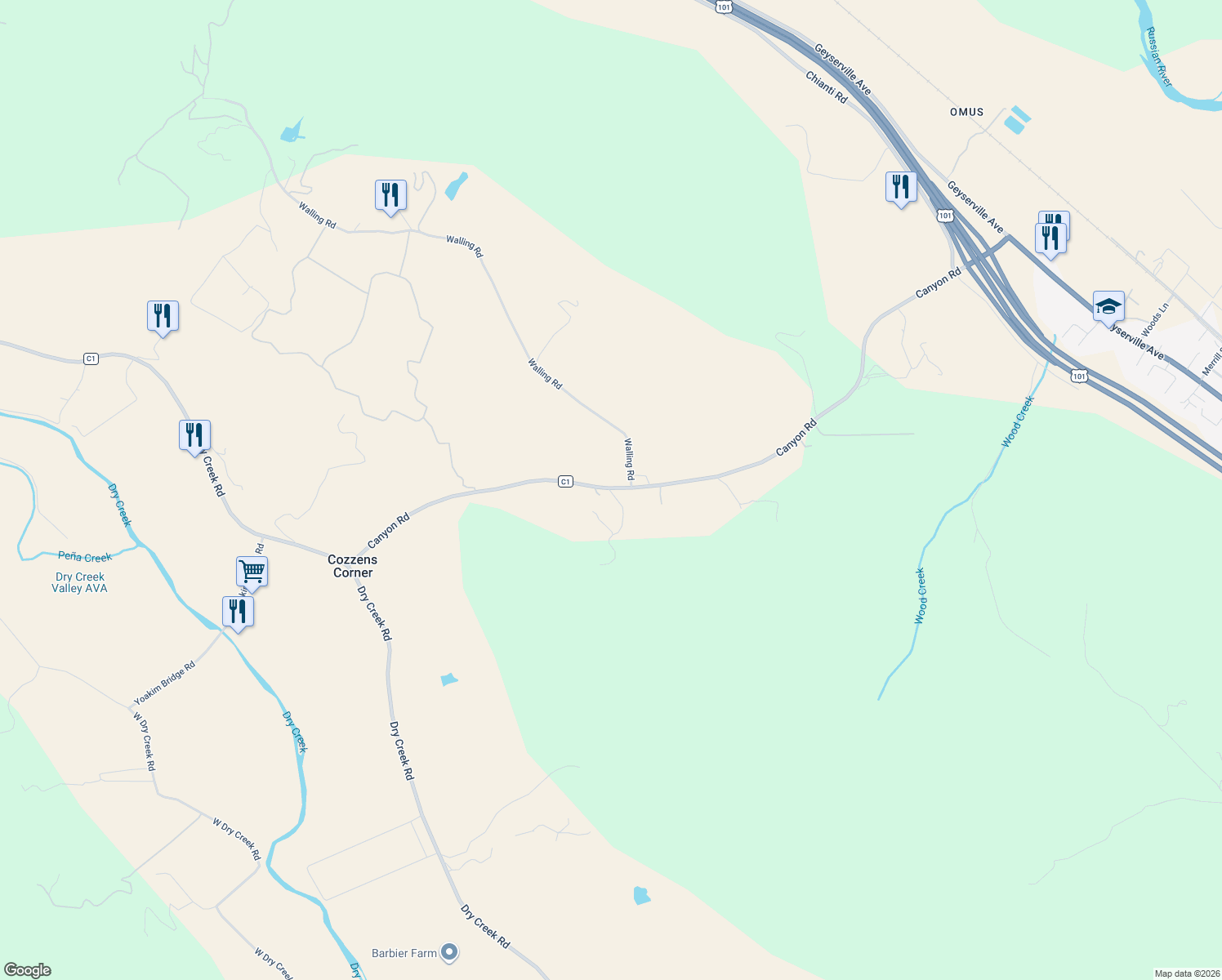 map of restaurants, bars, coffee shops, grocery stores, and more near 1285 Canyon Road in Geyserville