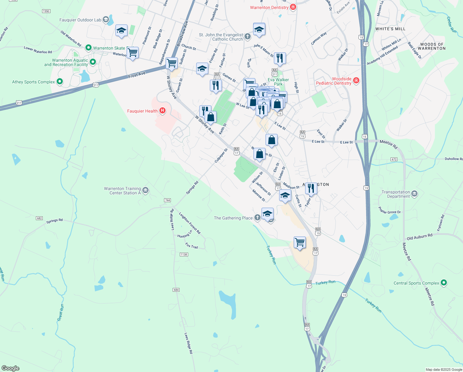 map of restaurants, bars, coffee shops, grocery stores, and more near 110 Brookshire Drive in Warrenton