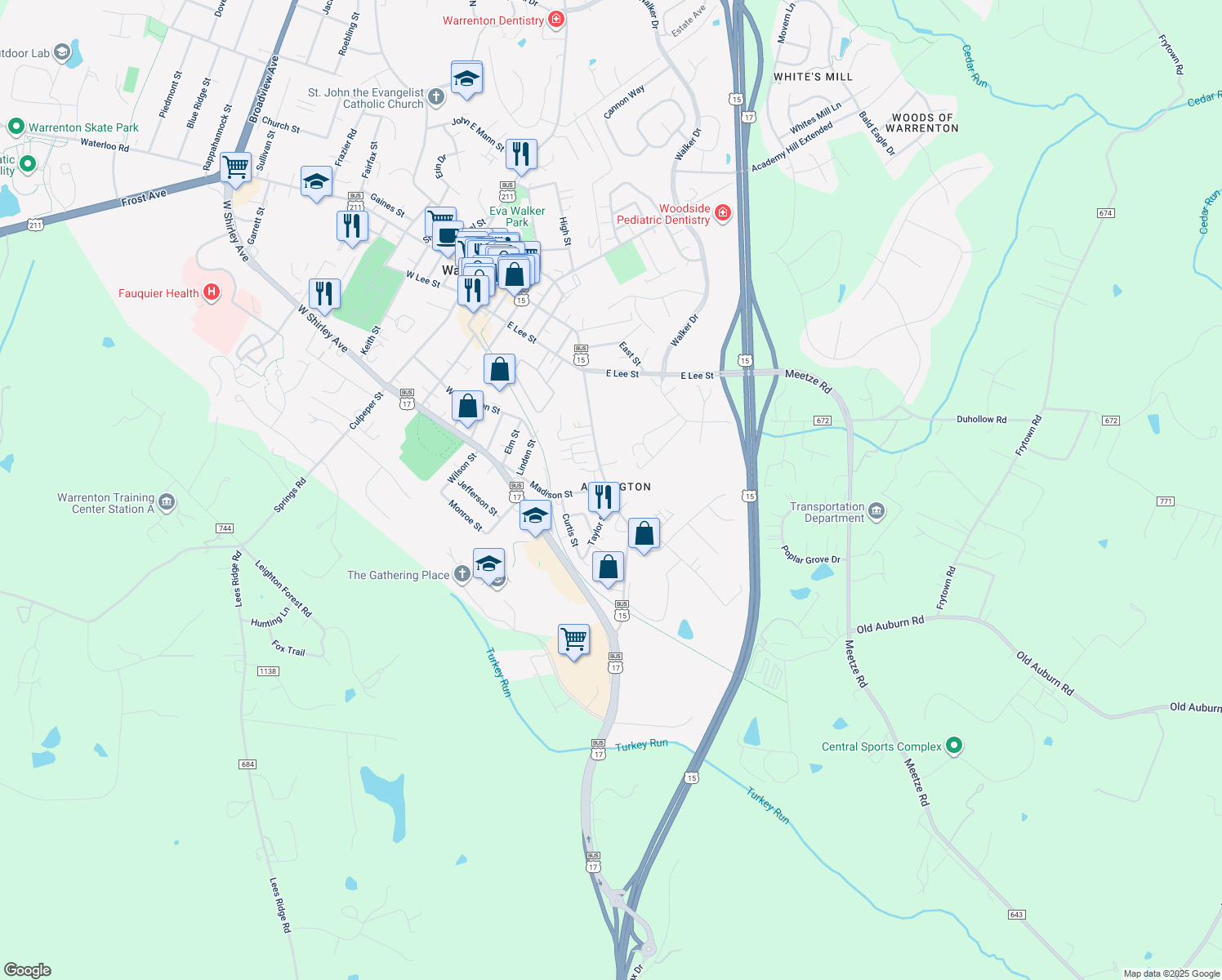 map of restaurants, bars, coffee shops, grocery stores, and more near 449 Falmouth Street in Warrenton