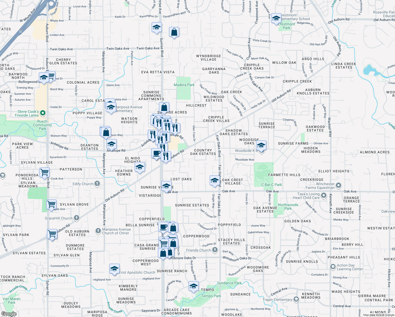 map of restaurants, bars, coffee shops, grocery stores, and more near 7519 Chipmunk Way in Citrus Heights