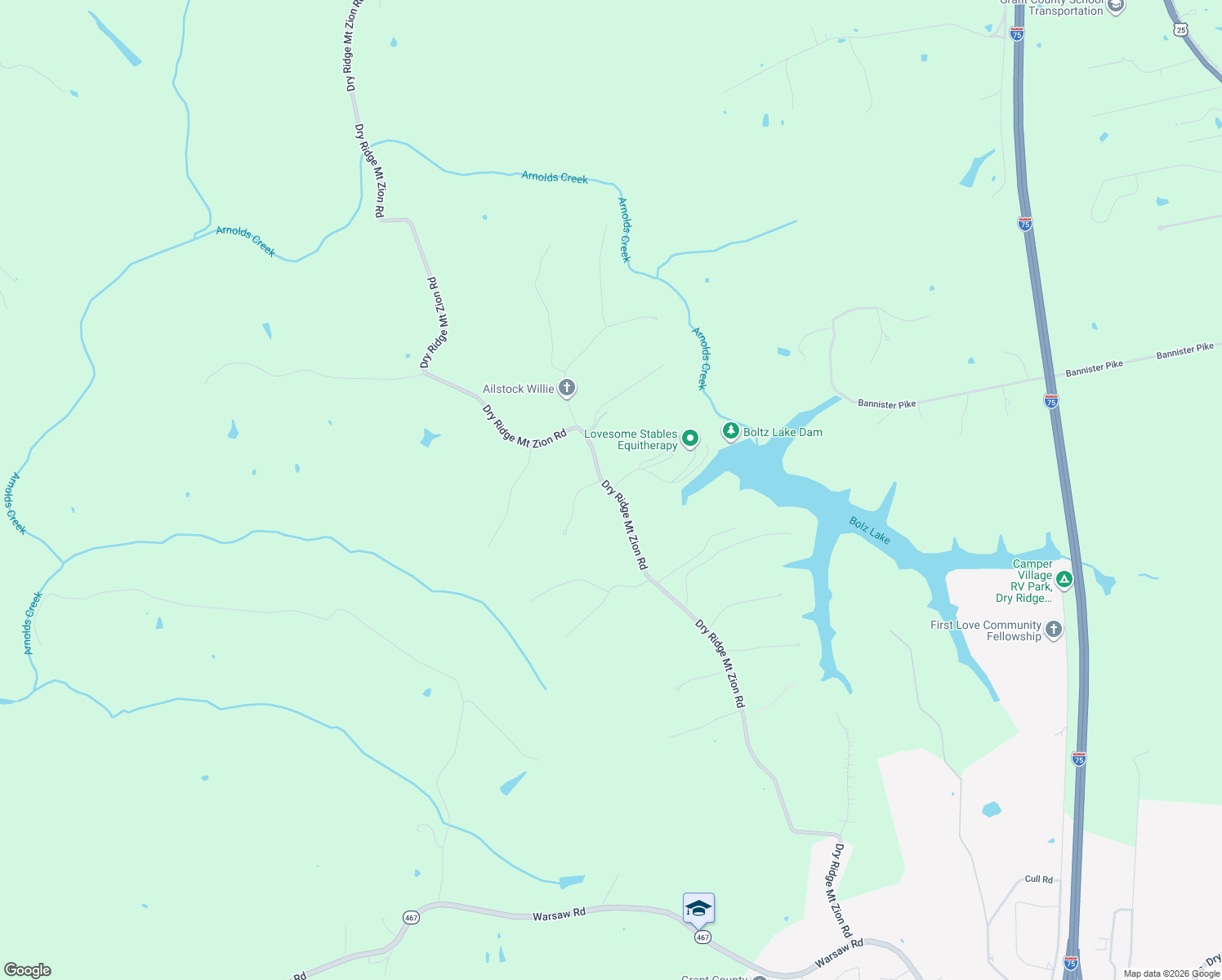 map of restaurants, bars, coffee shops, grocery stores, and more near 213 Boltz Lake Road in Dry Ridge