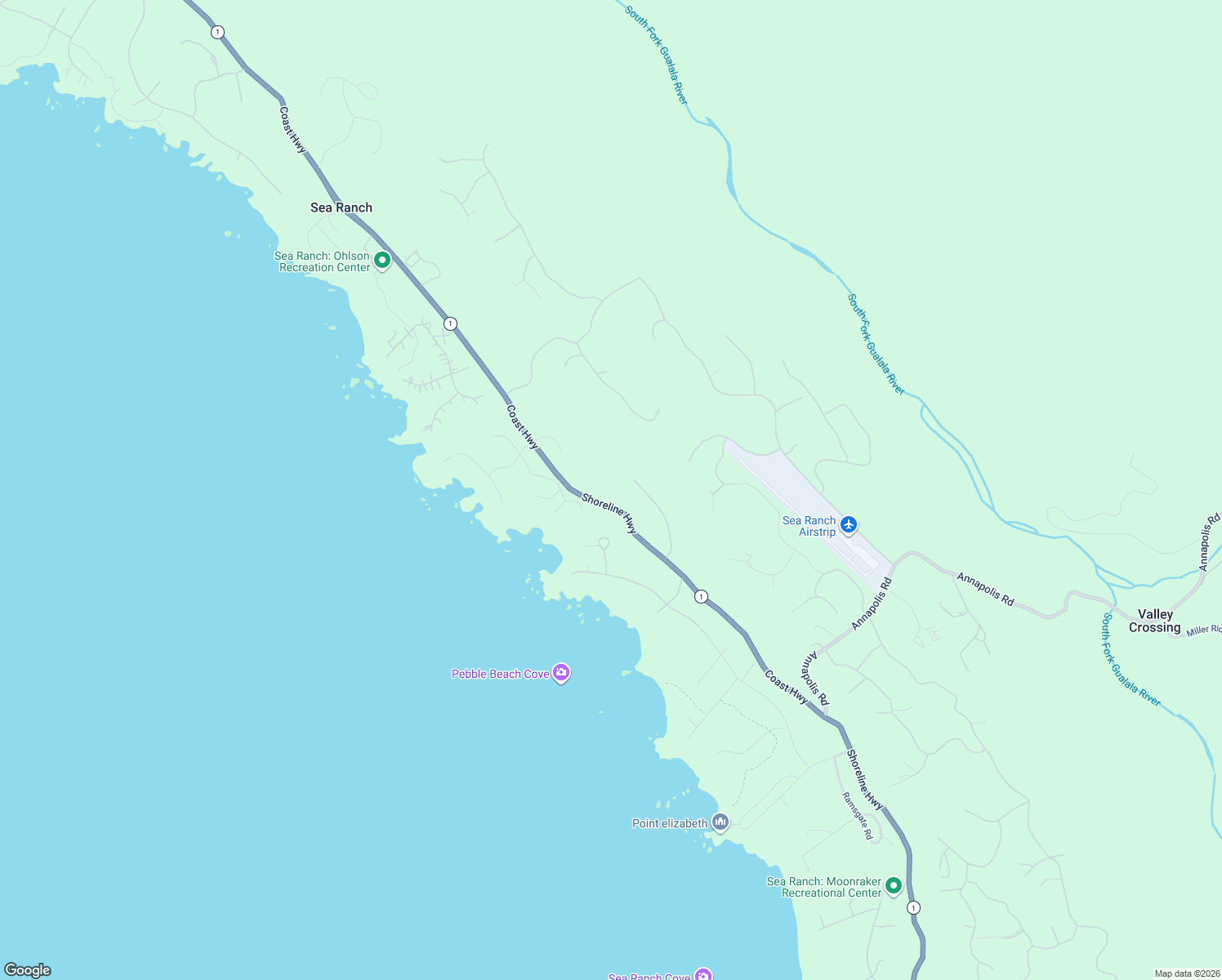 map of restaurants, bars, coffee shops, grocery stores, and more near 375 Spur Close in Sea Ranch