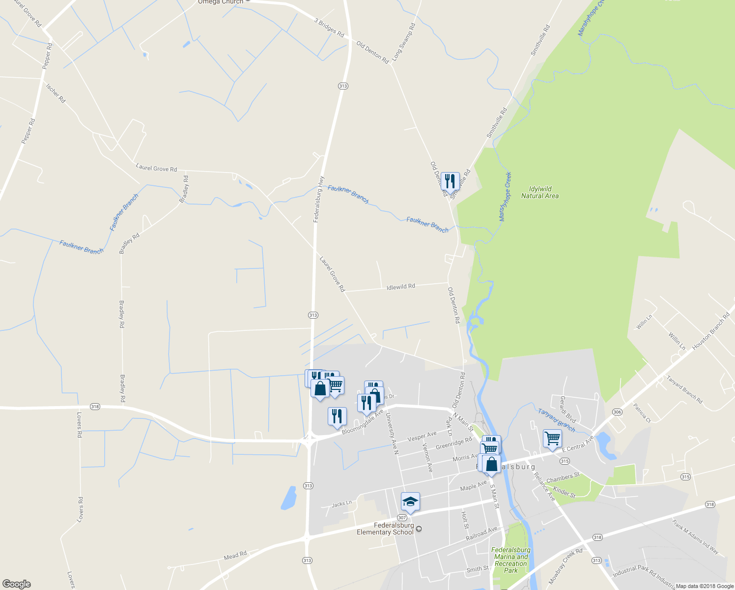 map of restaurants, bars, coffee shops, grocery stores, and more near 26581 Idlewild Road in Federalsburg