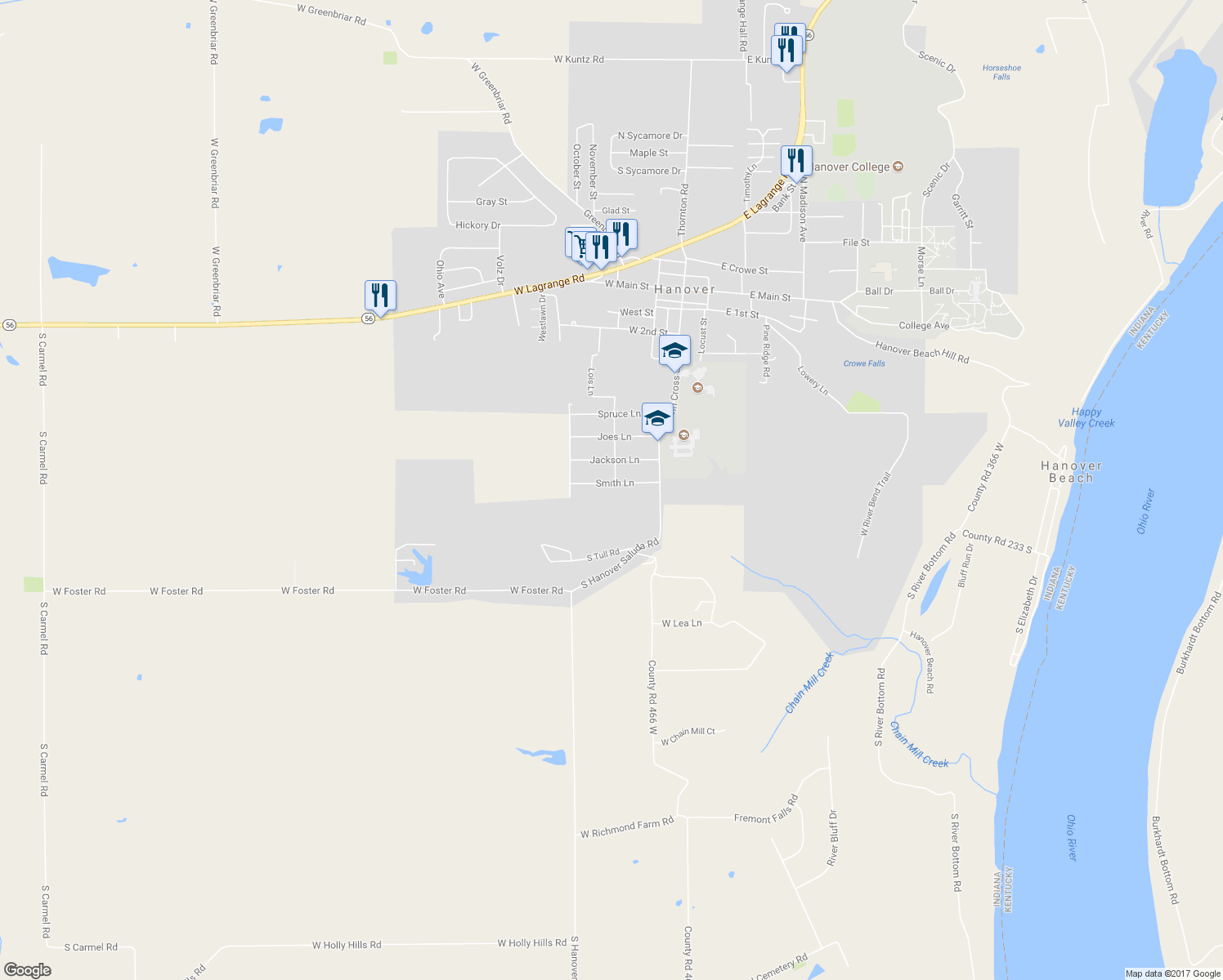 map of restaurants, bars, coffee shops, grocery stores, and more near 205 Smith Lane in Hanover