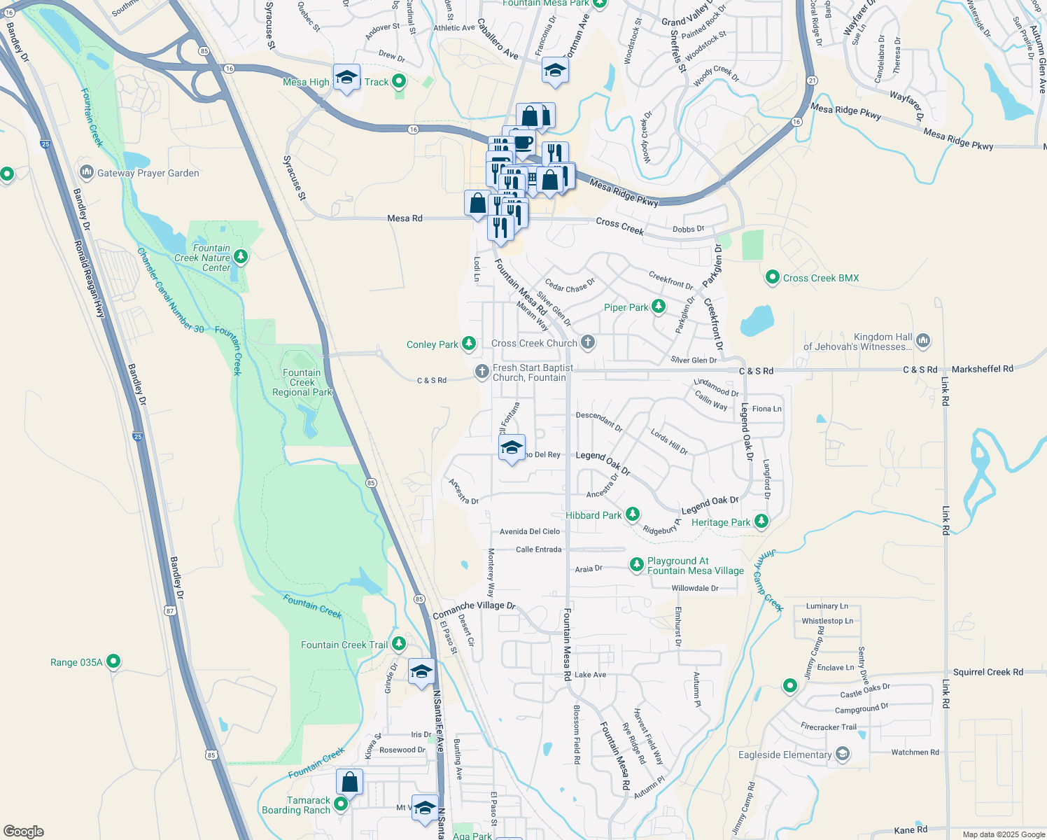 map of restaurants, bars, coffee shops, grocery stores, and more near 2064 Calle Corona in Fountain